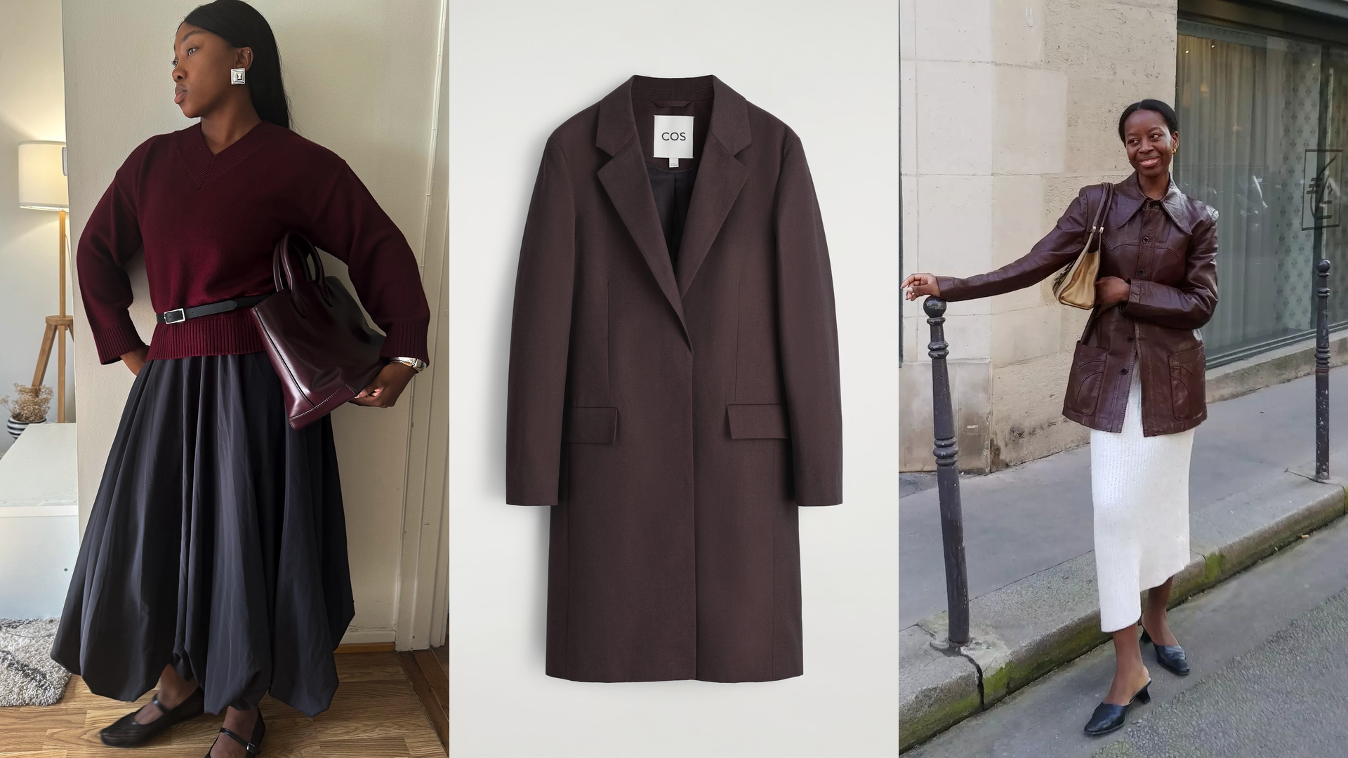 COS burgundy coat and outfit collage