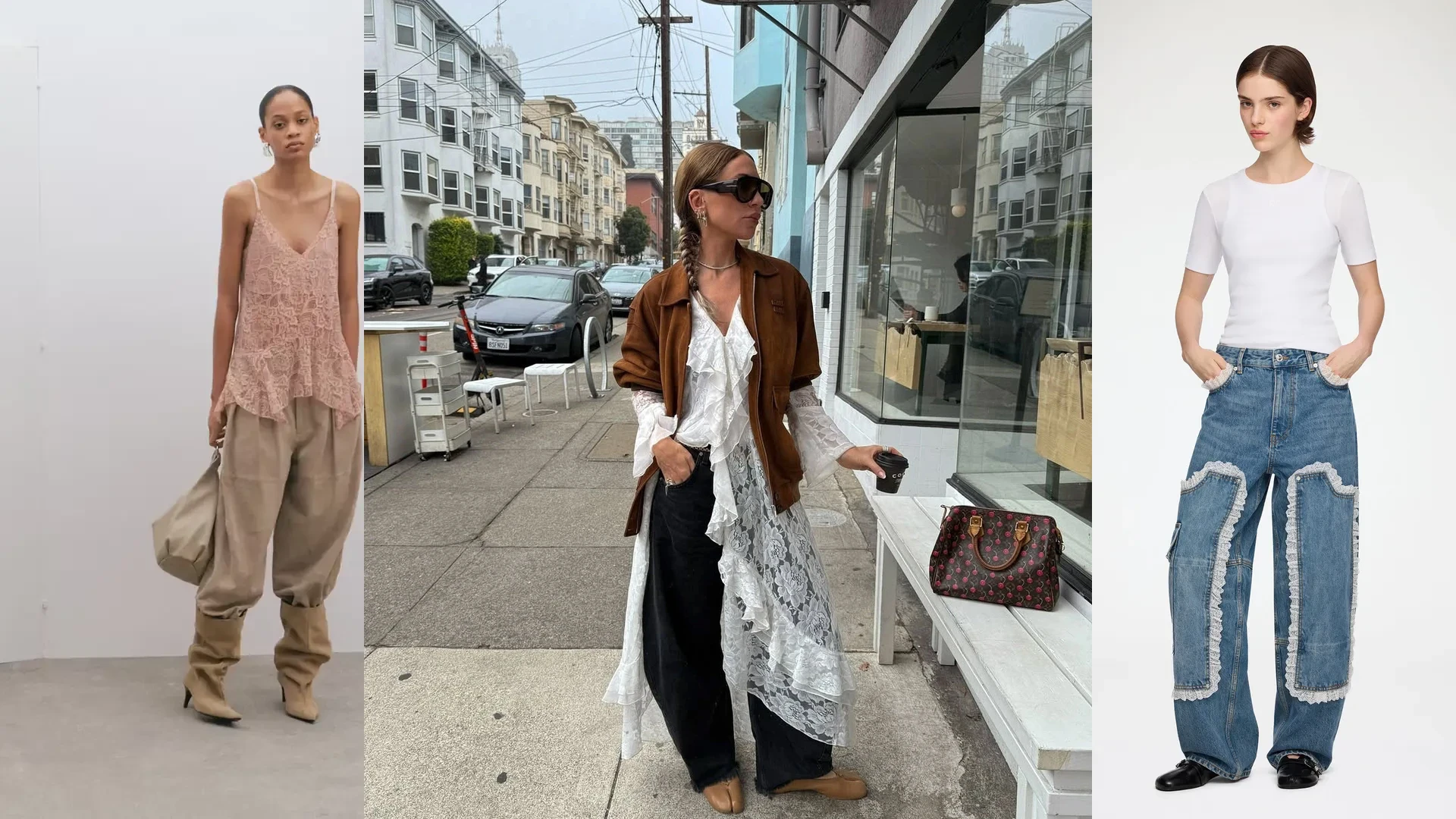 Romantic lace, denim, and practical outfit collage