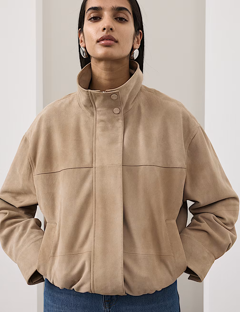 Autograph putty suede funnel neck blouson jacket