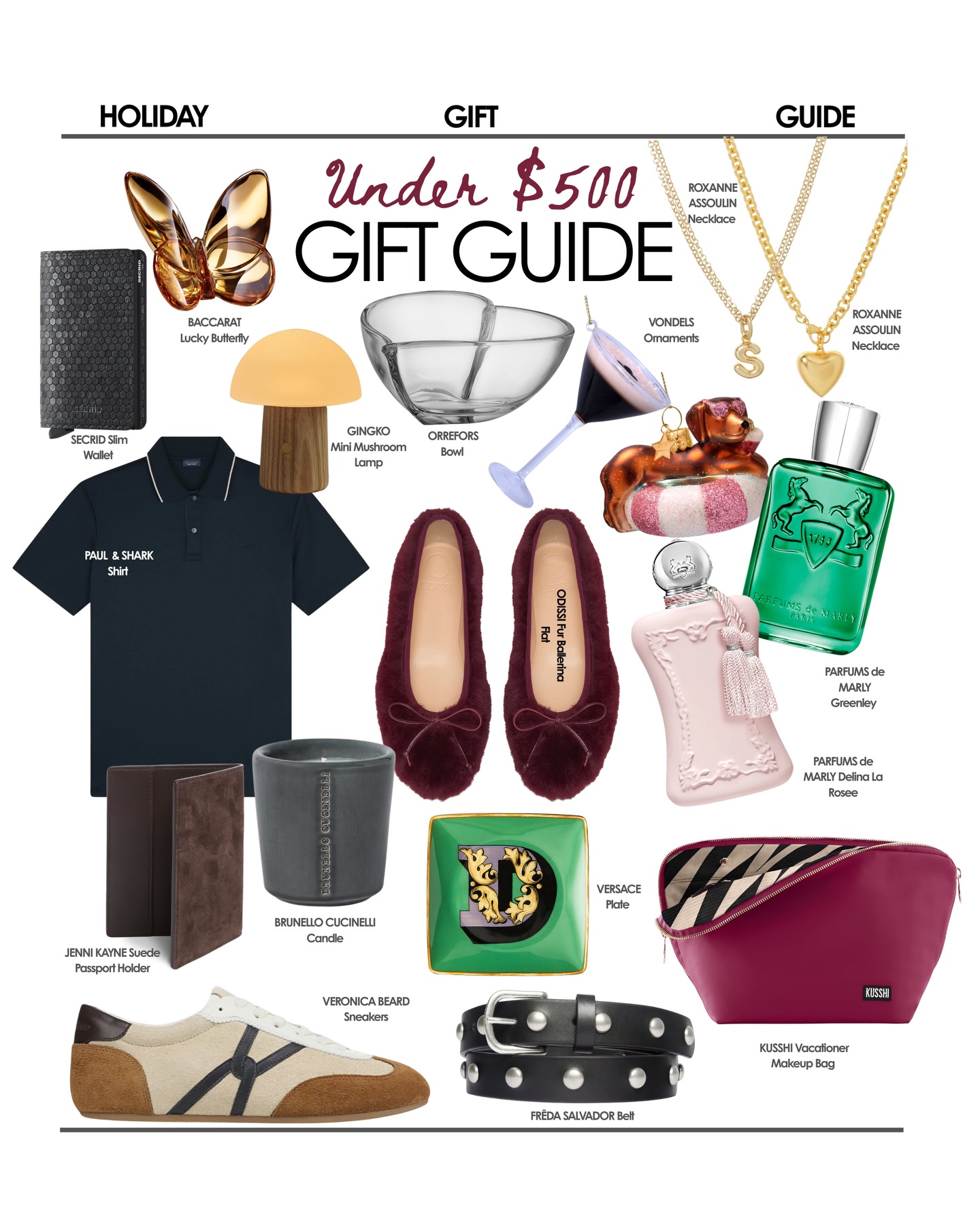 Under 500 luxury gift guide collage with shoes fragrance jewelry and accessories