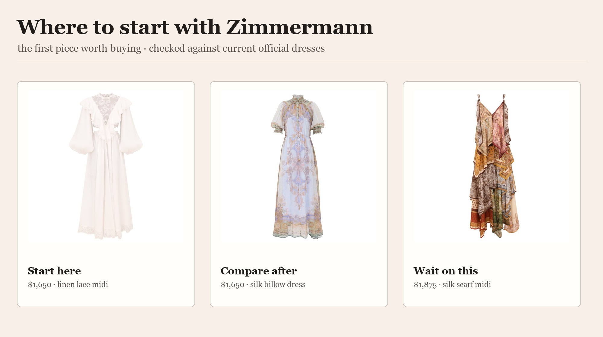 Zimmermann first purchase guide comparing three official dress options