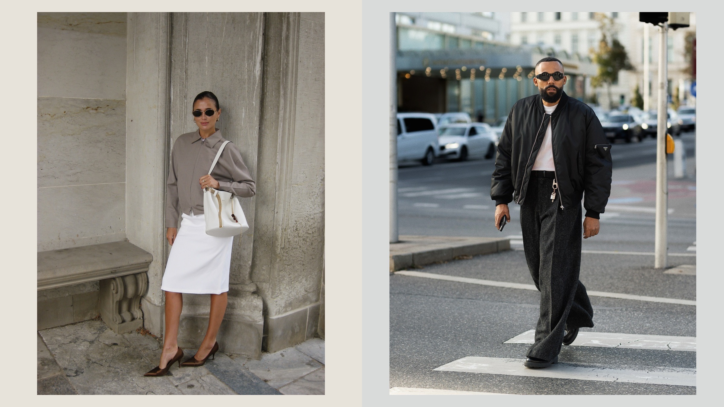 Darja Barannik in a taupe jacket and white skirt beside Jean-Claude Mpassy in a black bomber jacket and wide trousers