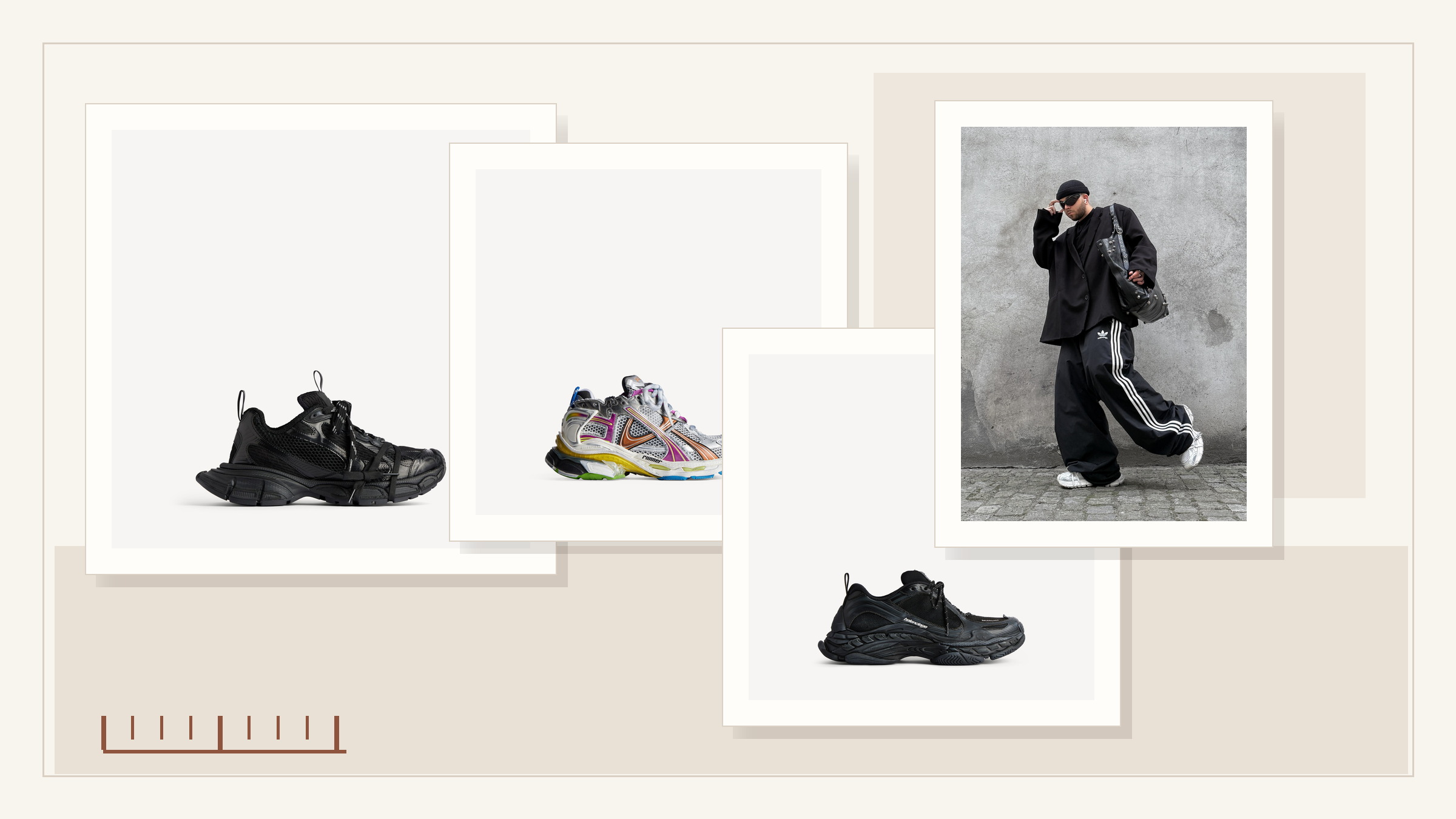 Luxury shoe size guide collage with Balenciaga sneaker examples and a measuring mark