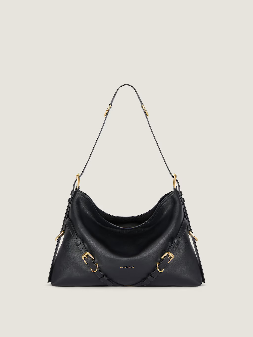Givenchy Medium Voyou Bag Shiny Leather in black, front view with gold buckle hardware and soft V-shaped body