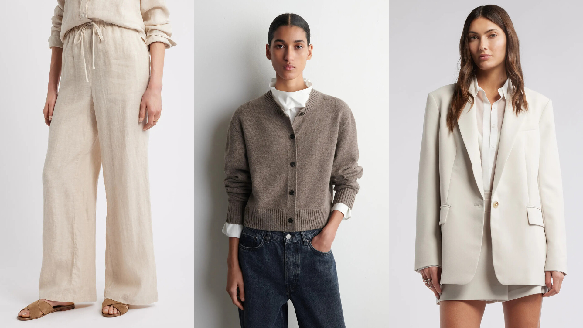 Flax linen trousers, taupe merino cardigan, and pale beige blazer