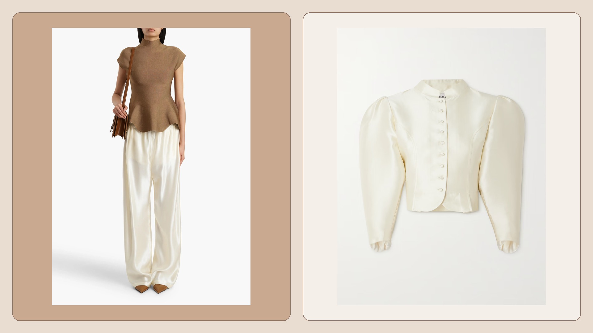 Khaite peplum top and Destree sculptural cropped jacket collage