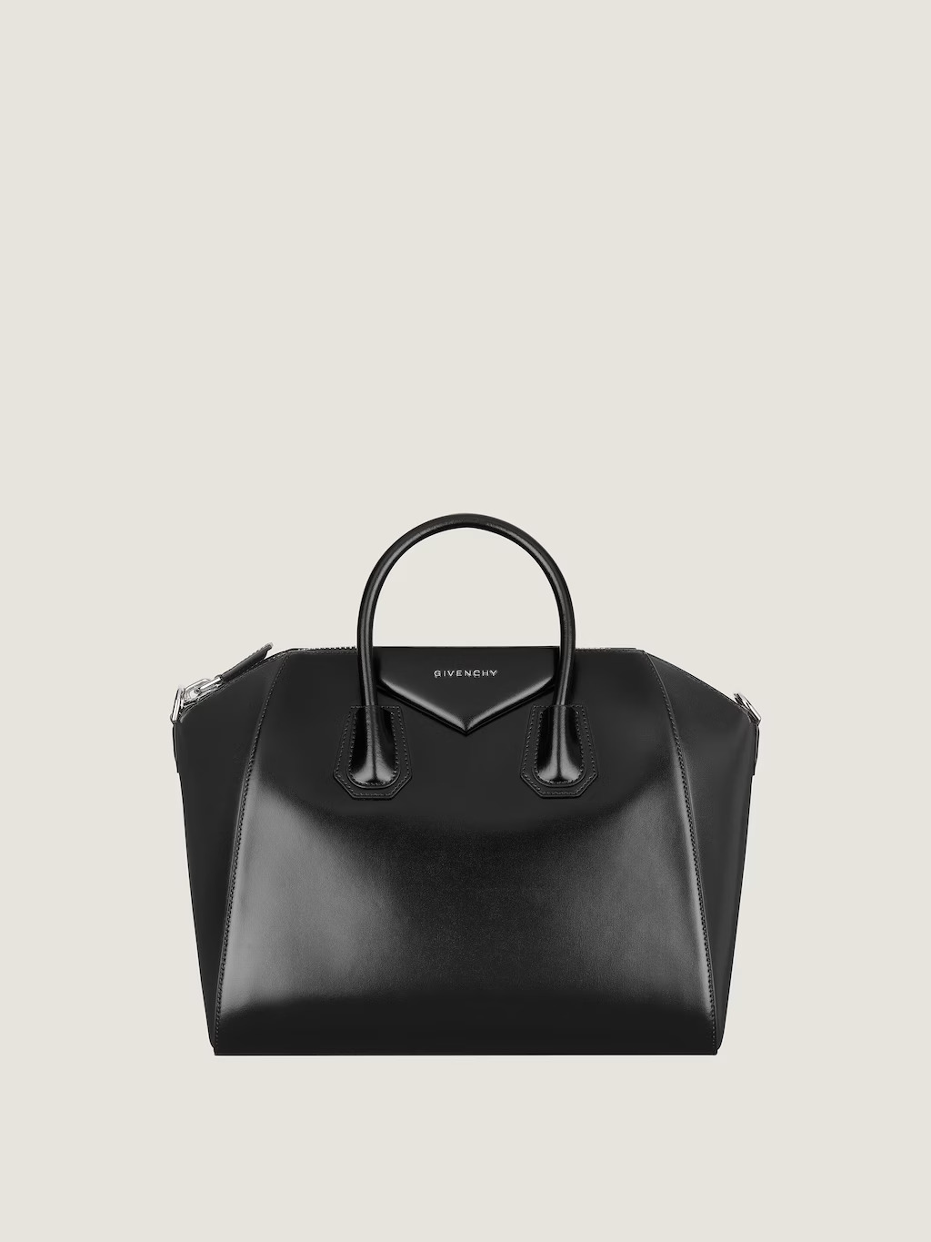 Givenchy Medium Antigona Bag in Box Leather in black, structured front view with top handles