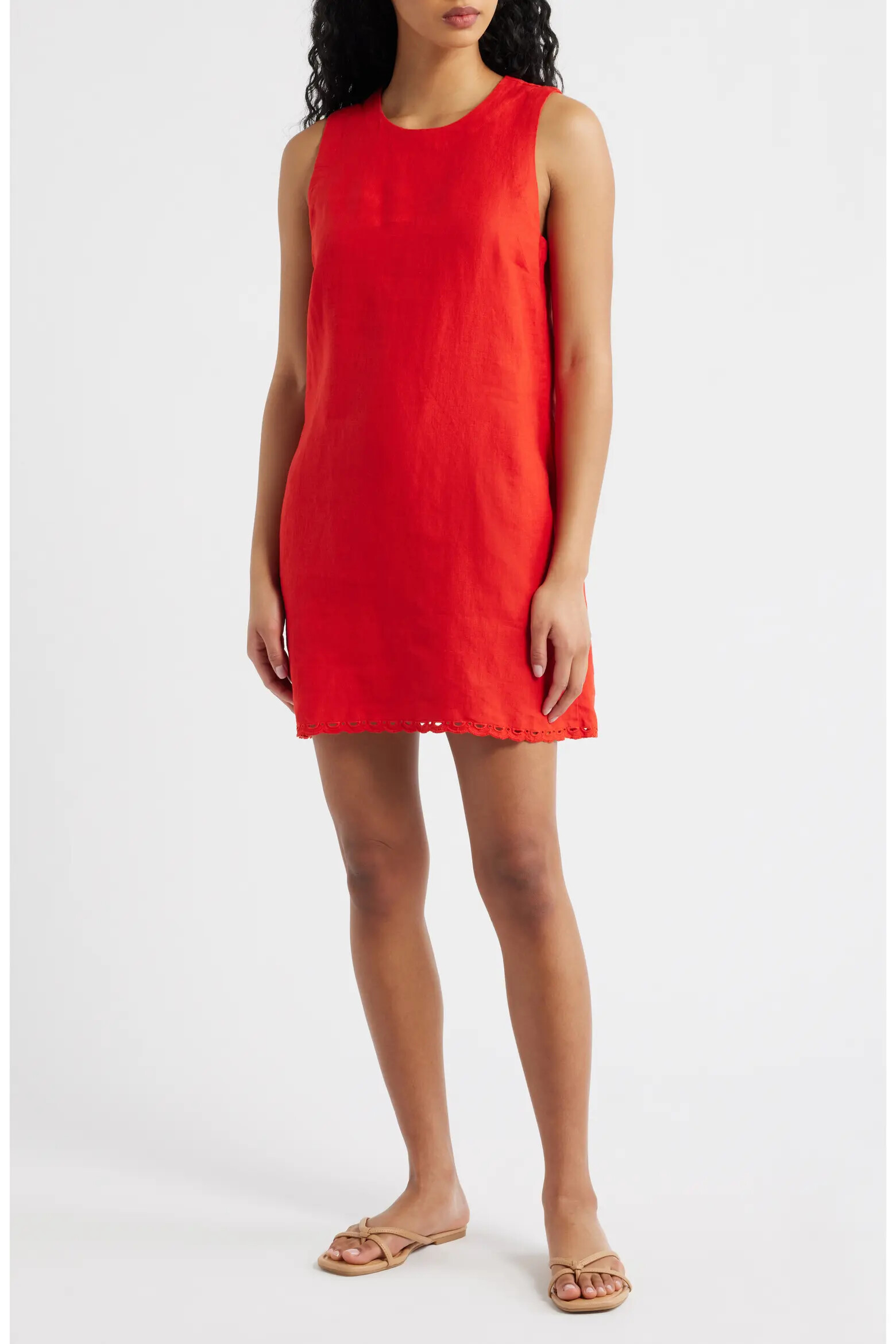 Madewell Wild Poppy embroidered linen mini shift dress worn on a model