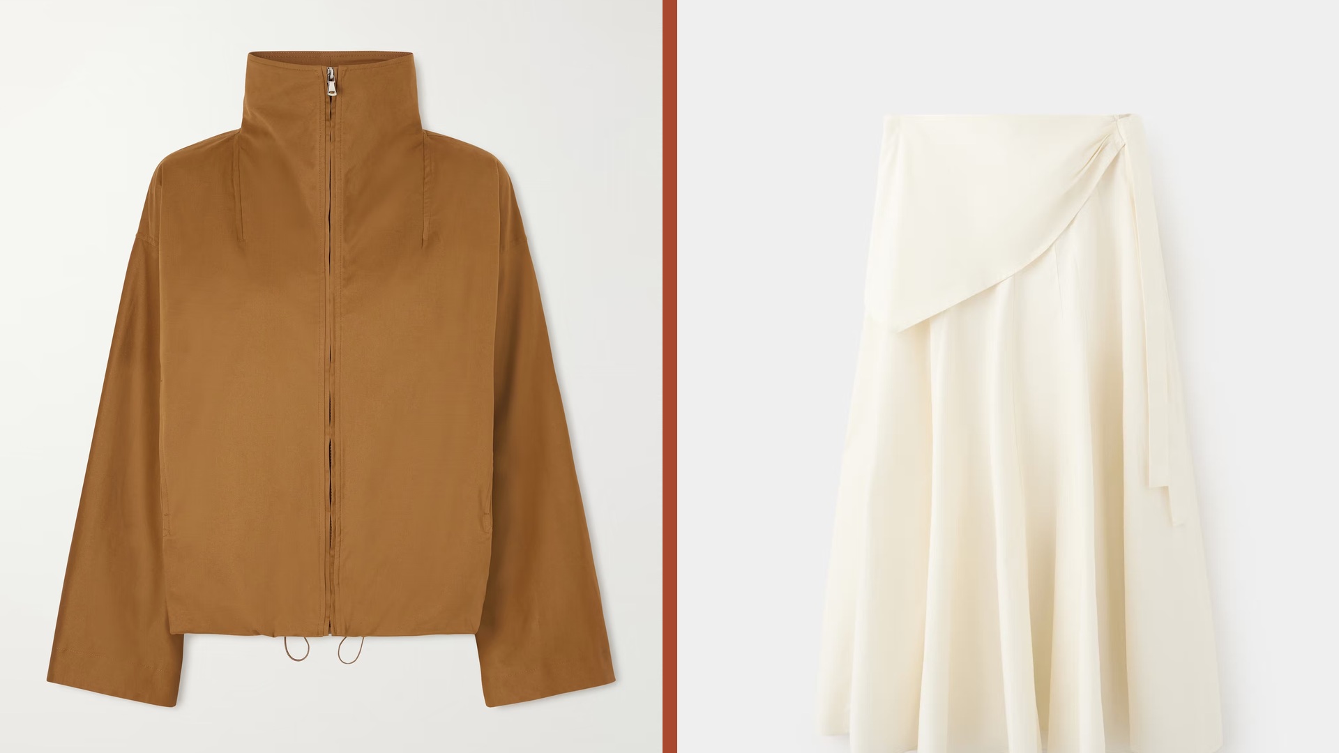 Nour Hammour funnel-collar jacket and Mango tea skirt collage