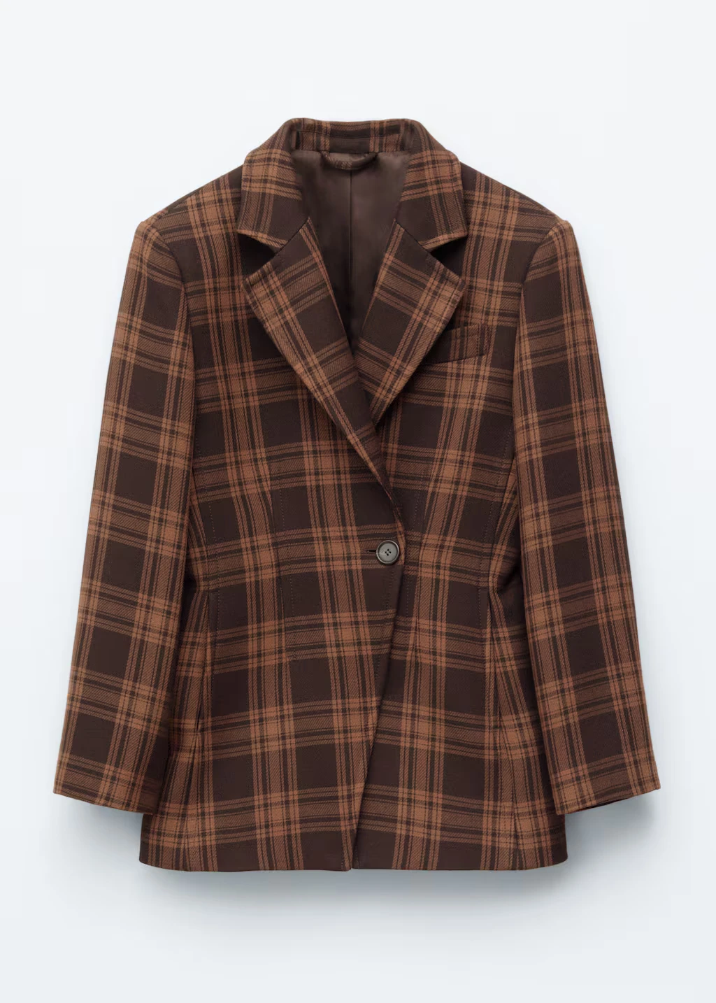 Brown checked & Other Stories fitted shoulder-pad blazer shown as a complete garment