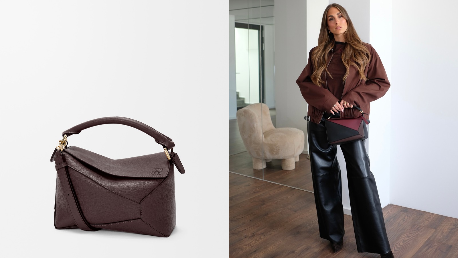Loewe Small Puzzle Edge bag product image beside a creator wearing a burgundy and black Loewe Puzzle bag outfit