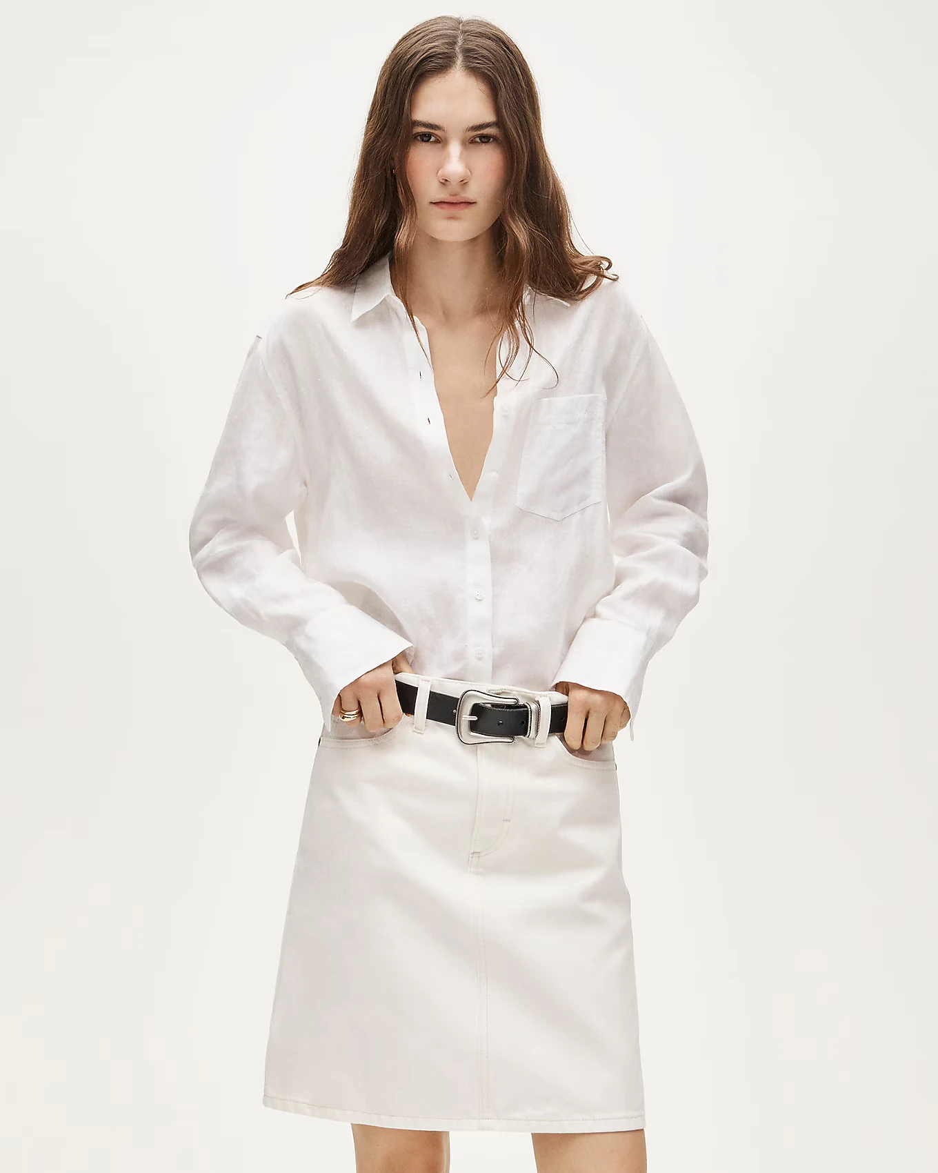 J.Crew white Irish-linen button-up shirt on a model