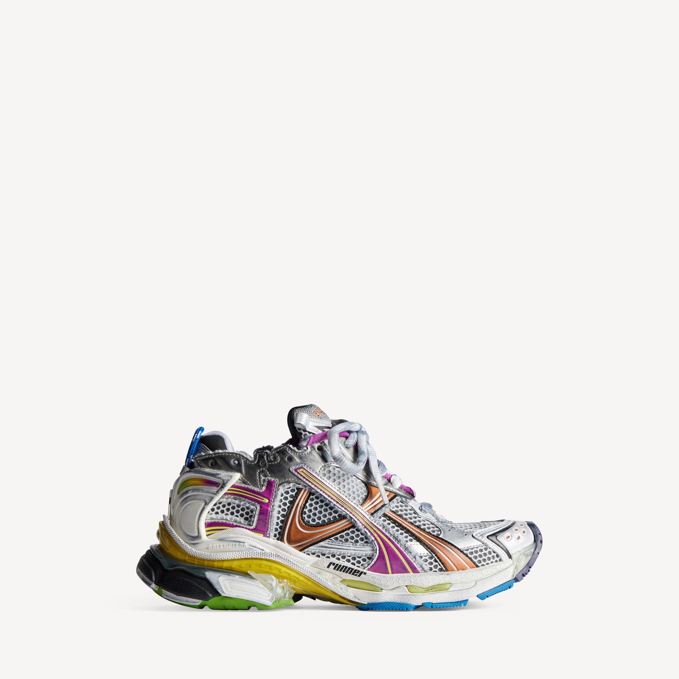 Balenciaga Runner Sneaker in multicolor mesh and nylon, side view with layered panels and chunky sole visible