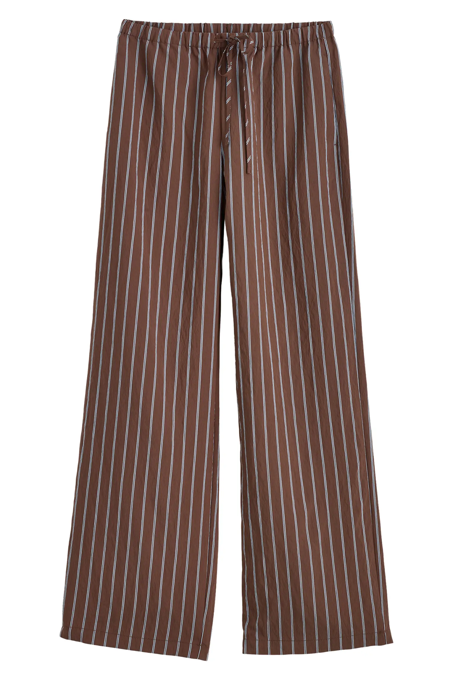 Madewell brown pull-on pants with narrow pale vertical stripes shown flat