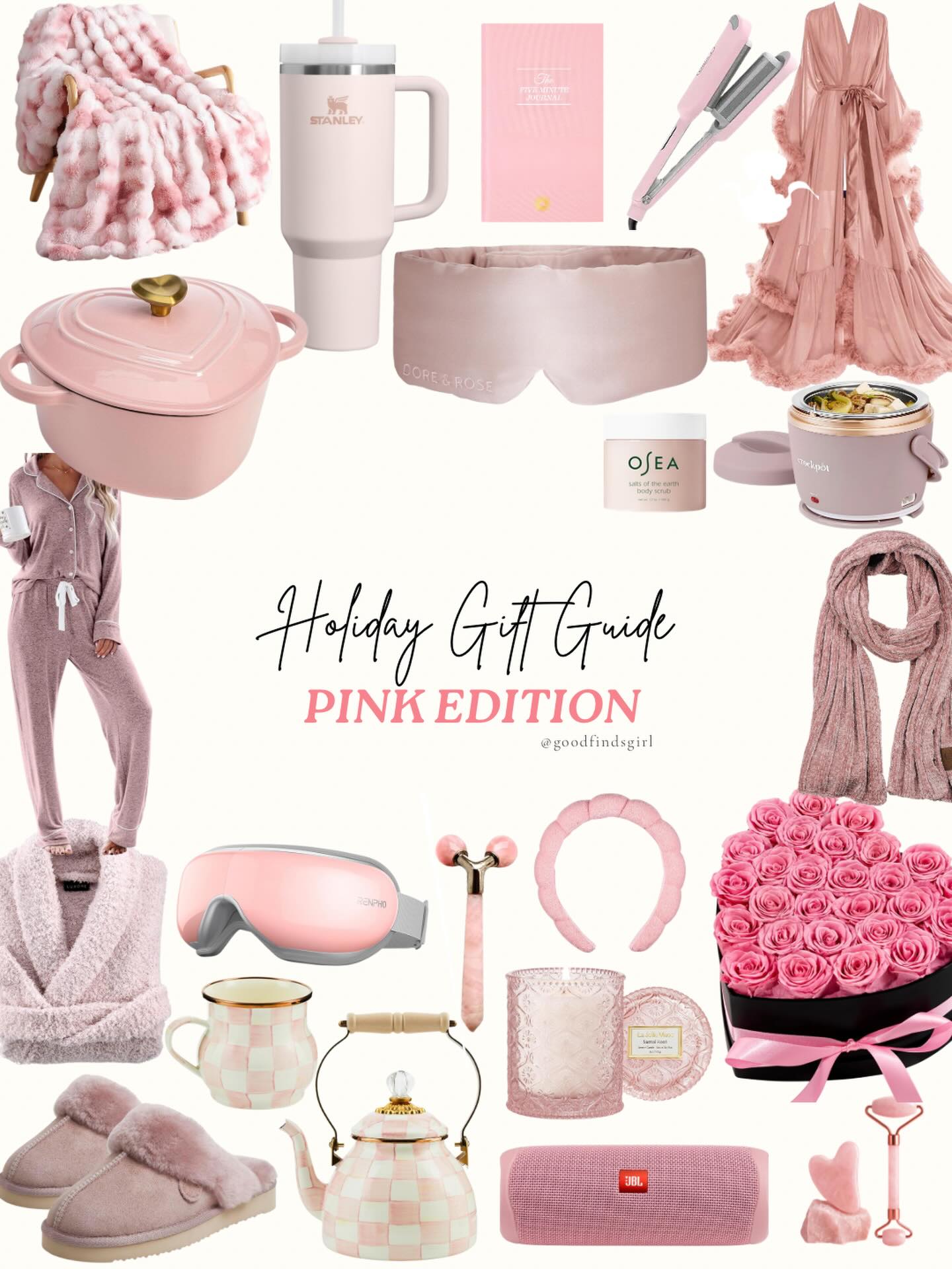 Pink holiday gift guide collage with cozy and beauty gifts for her