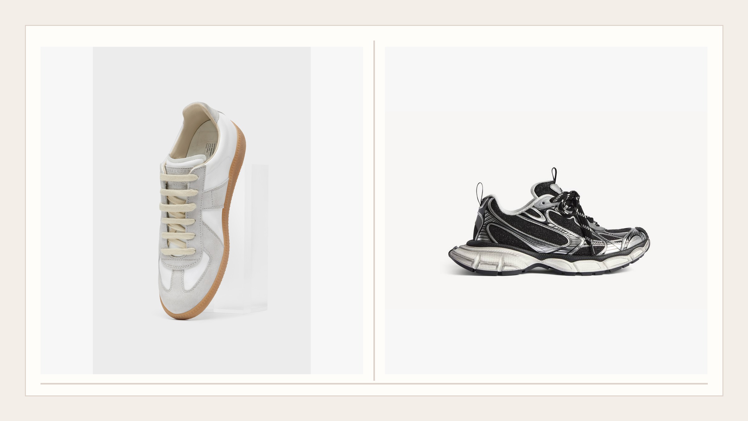 Maison Margiela Replica Sneaker next to Balenciaga 3XL Sneaker, official product images compared side by side