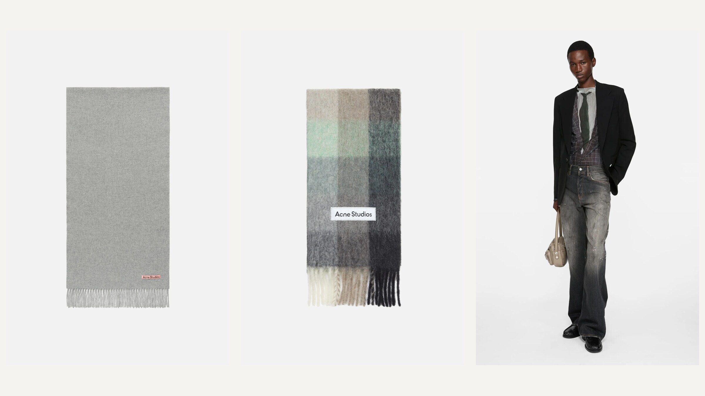 Acne Studios grey wool scarf, checked mohair scarf, and 2021M jeans collage
