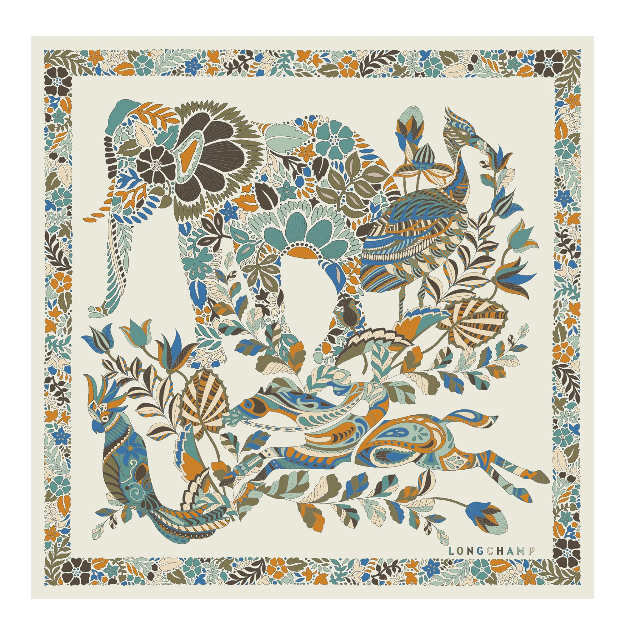 Longchamp Forêt Silk Scarf 50 with a multicolor bird and botanical print on cream