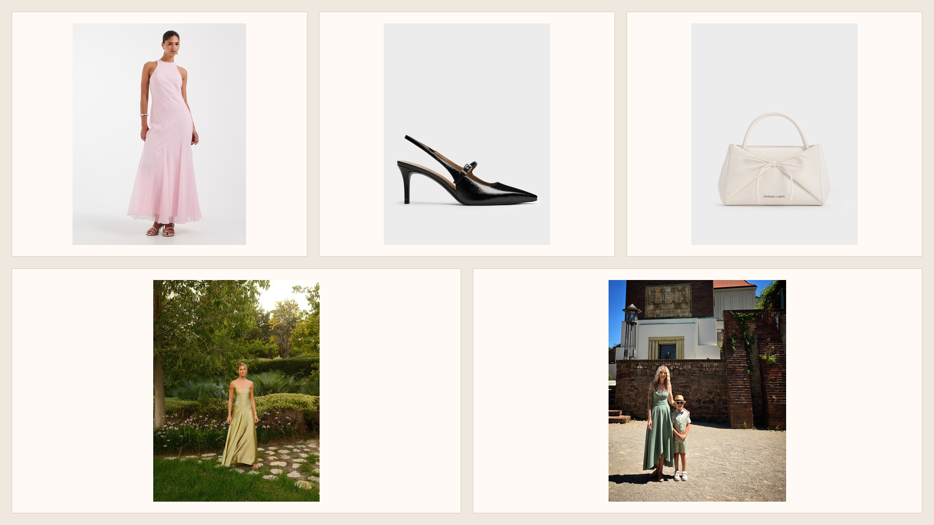 Soft-pink wedding guest dress, black slingback pumps, cream bow bag, and two personal sage-green occasion looks
