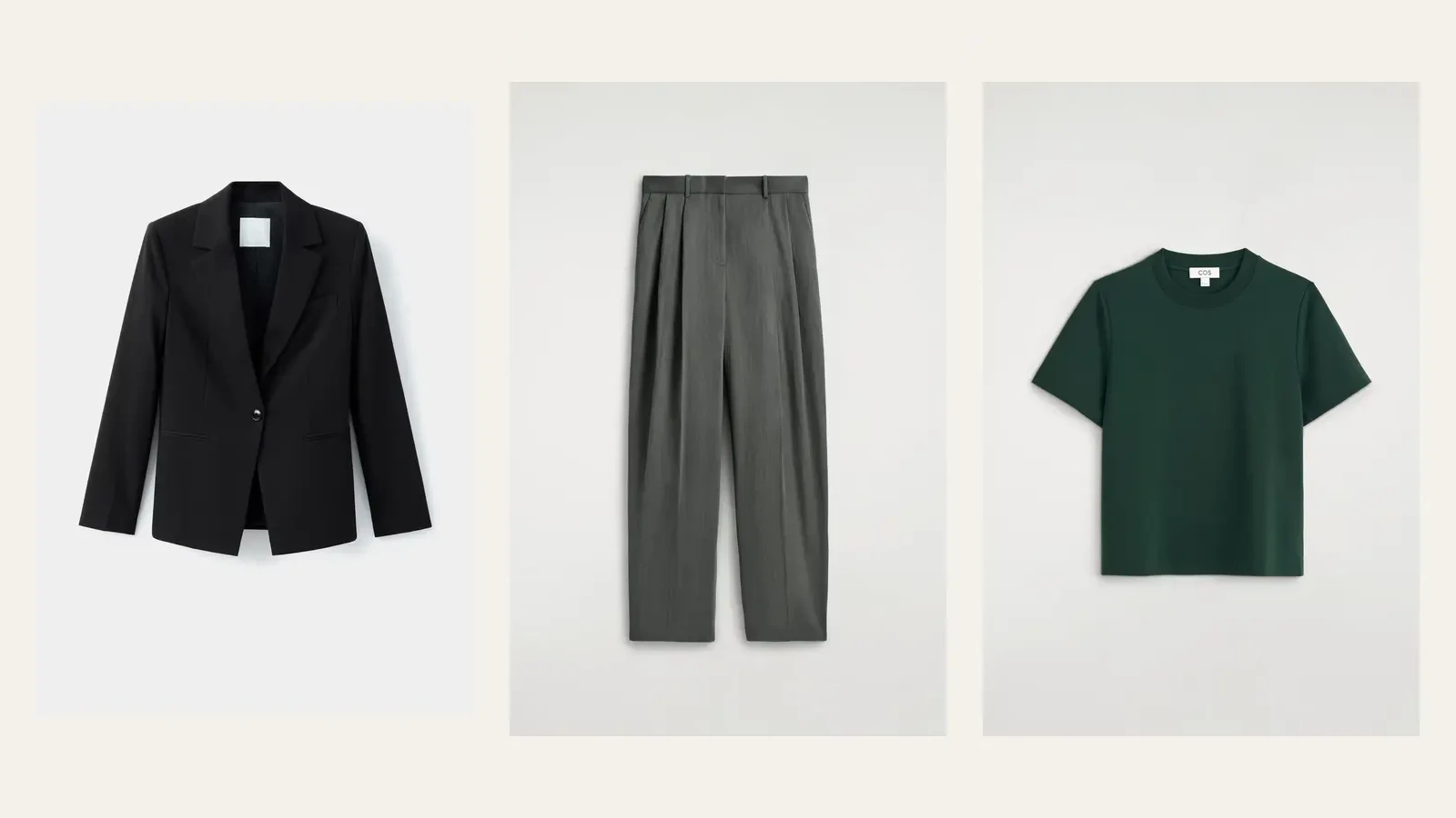 Black Mango blazer, dark gray COS trousers, and deep green COS T-shirt arranged as a capsule wardrobe triptych