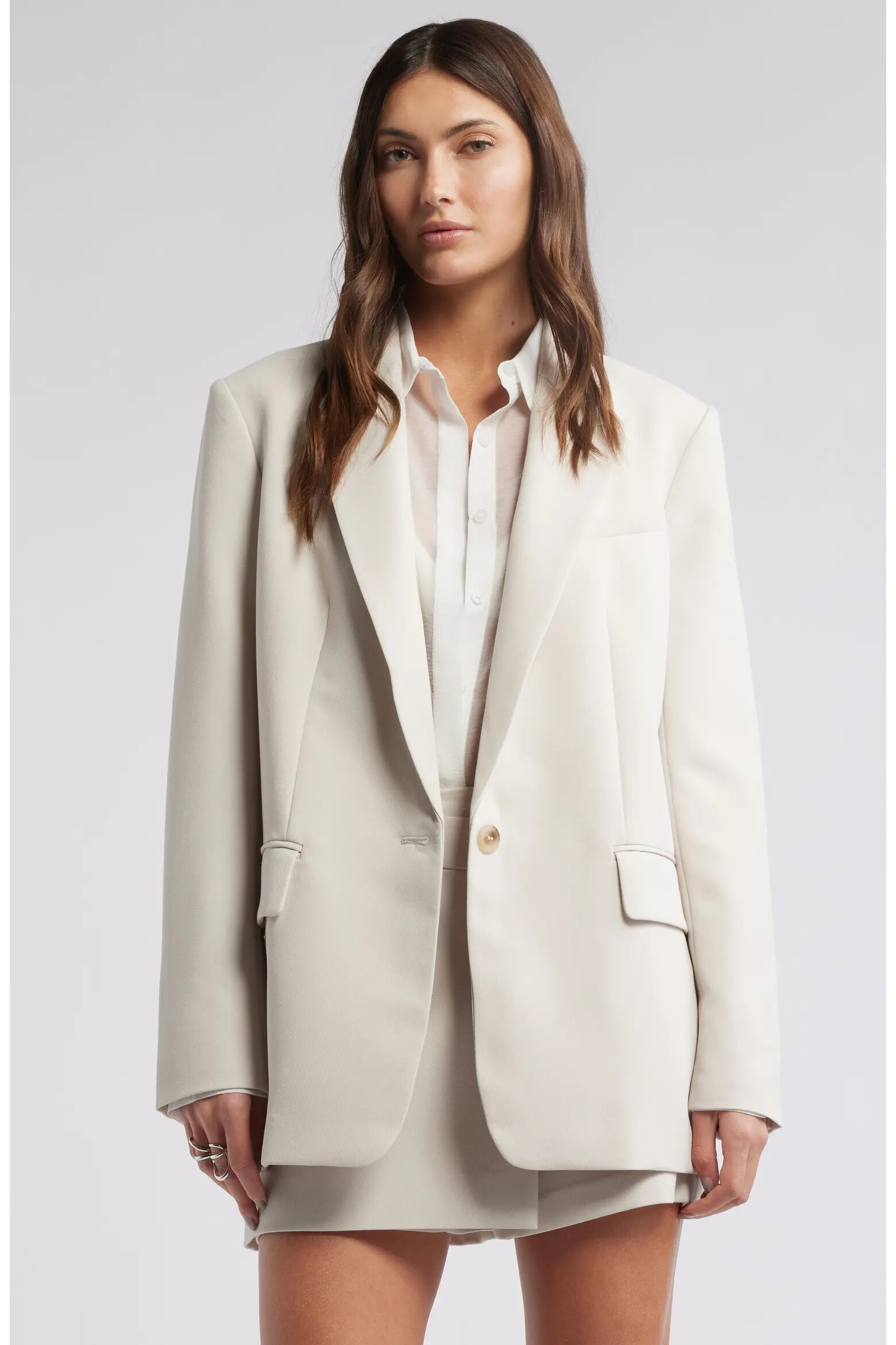 Open Edit Beige Pumice relaxed blazer worn over pale neutral separates