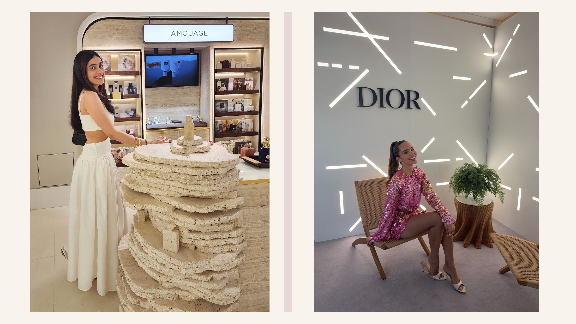 Two personal beauty creators at luxury fragrance and Dior event settings