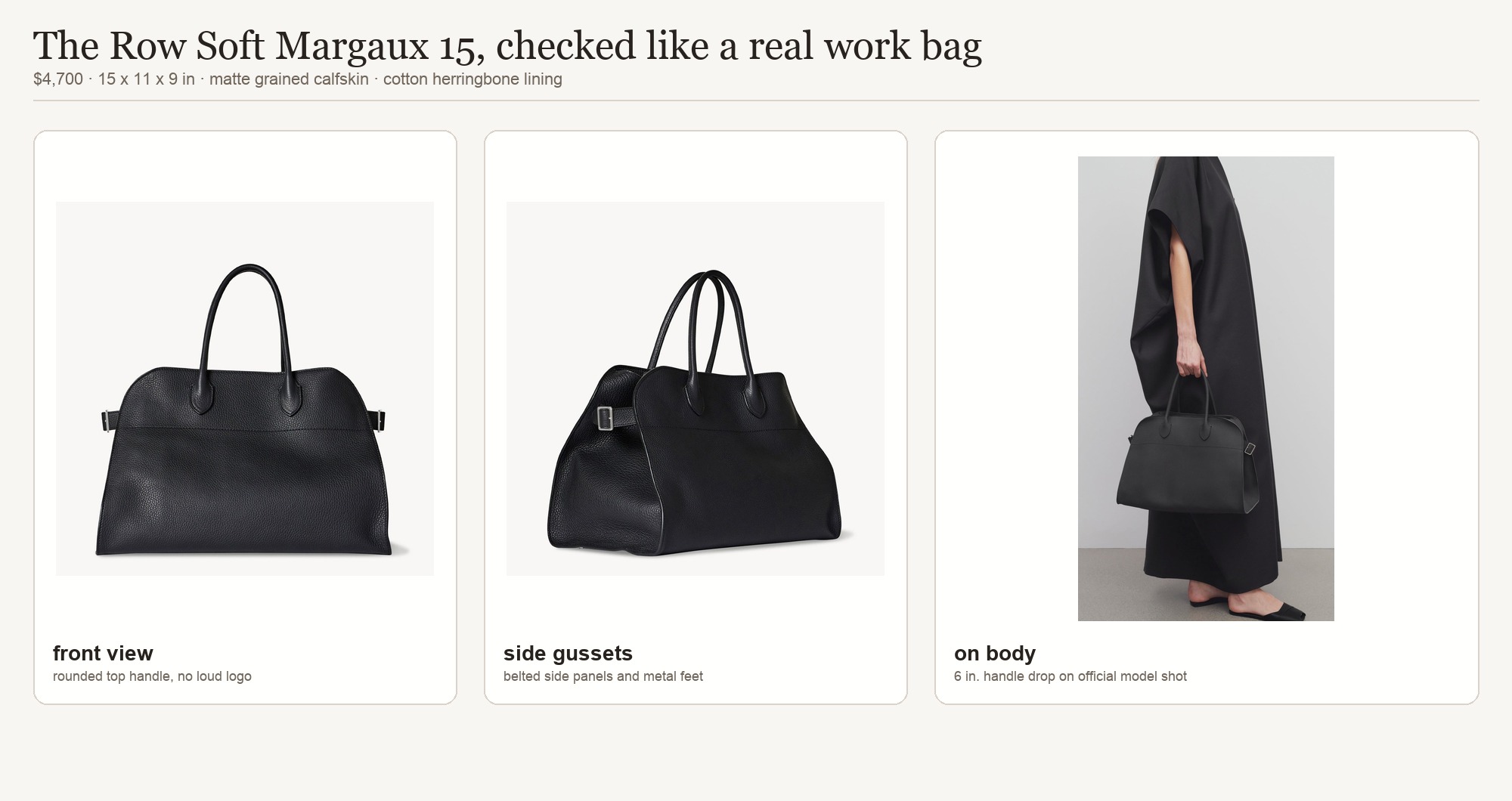 The Row Soft Margaux 15 shown from the front, side, and on body for a review of scale and structure