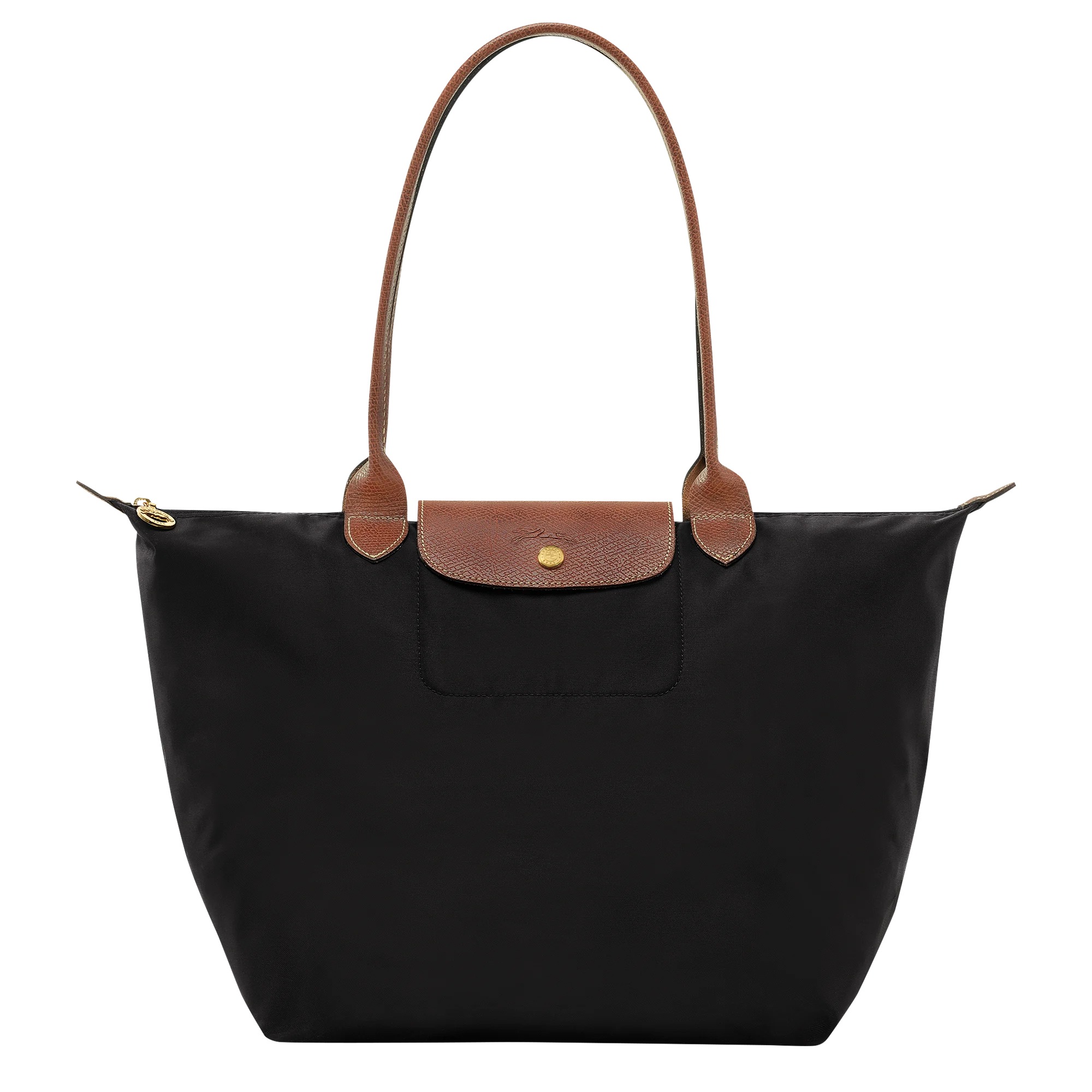 Longchamp Le Pliage Original L Tote Bag in black recycled canvas with brown leather handles