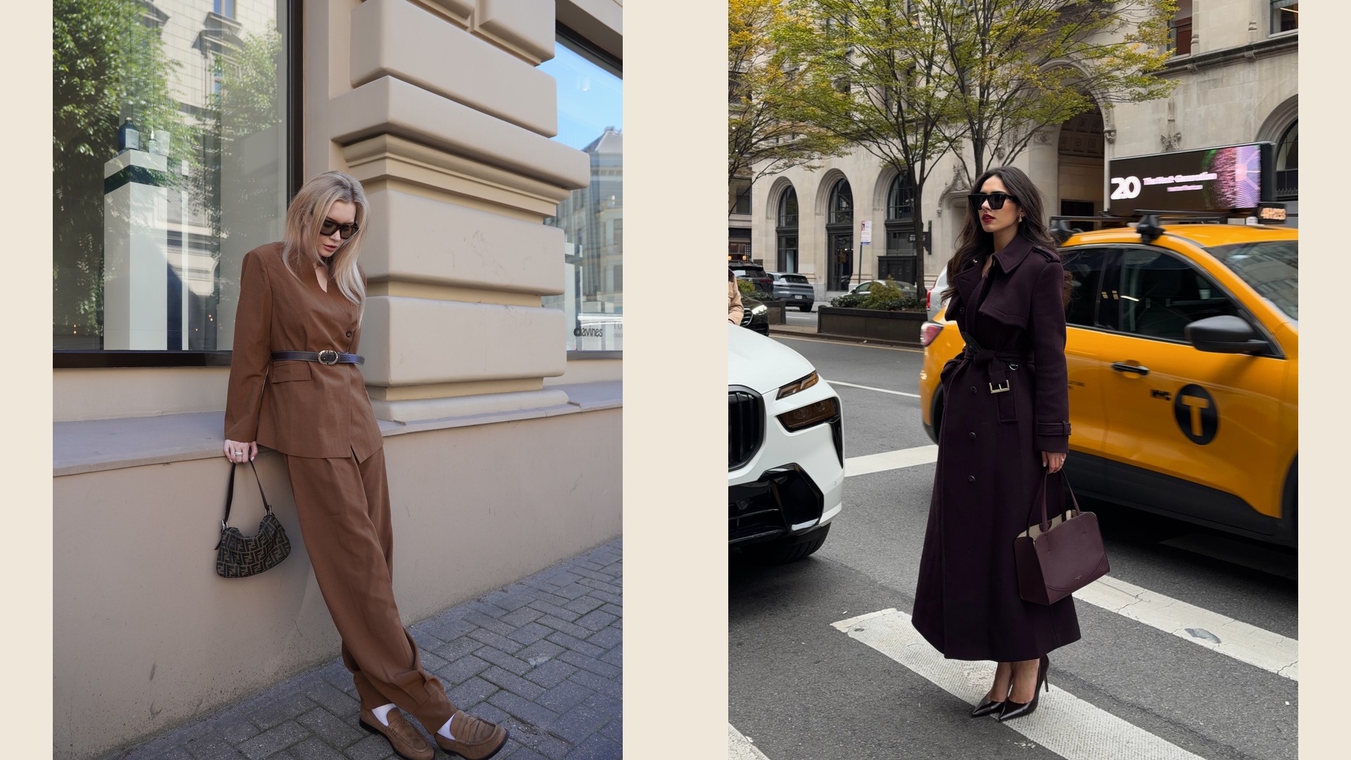 Two complete belted outfits pair a brown trouser suit with a dark belt and a burgundy long coat with its self-belt