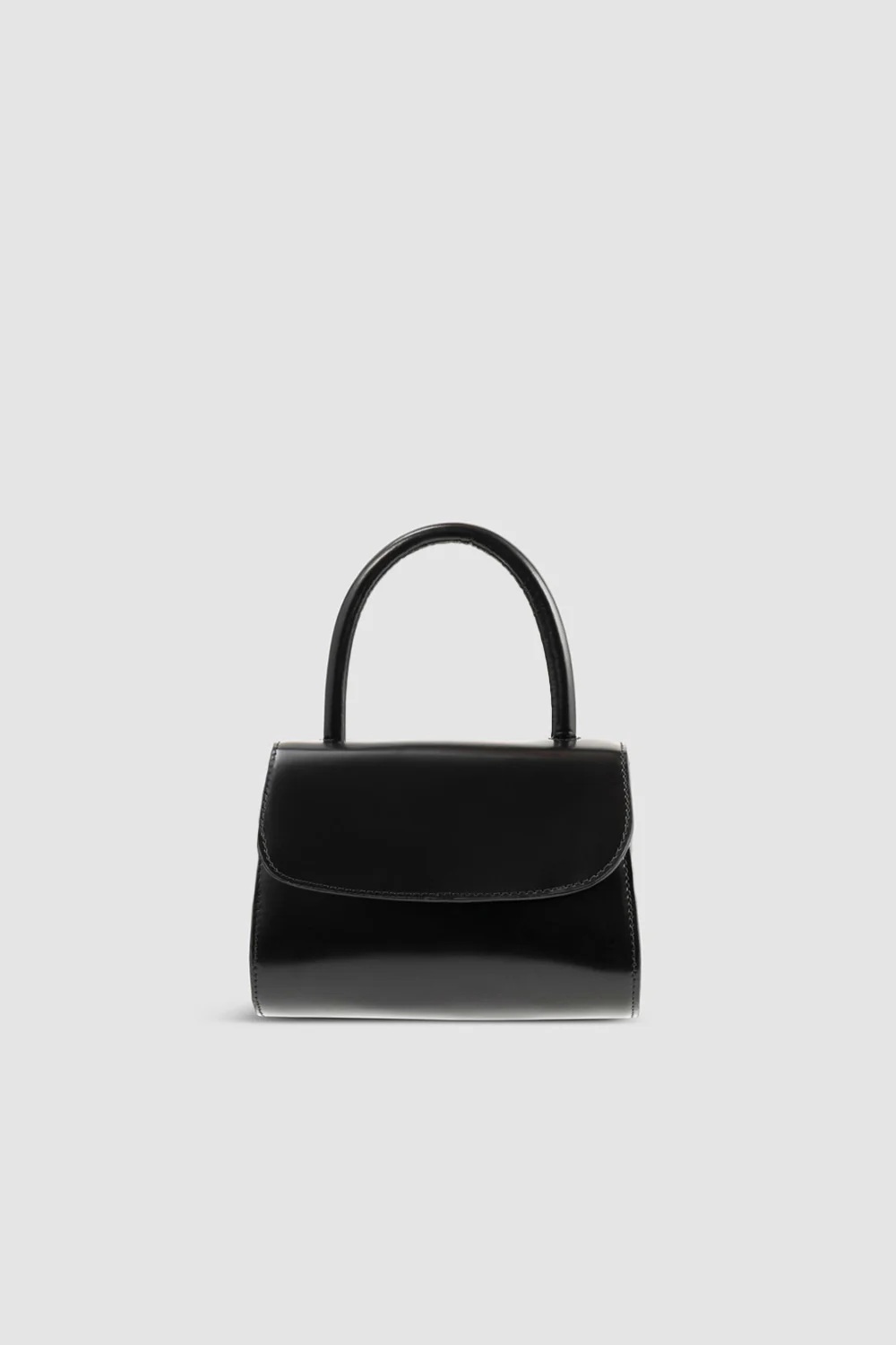 BY FAR Mini 2.0 black semi patent leather top handle bag front view