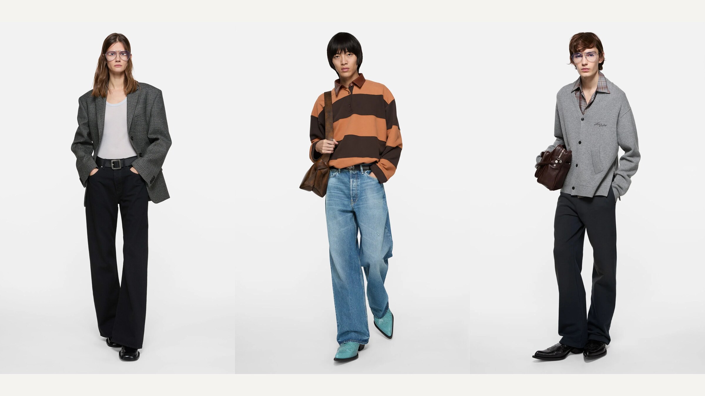 Three Acne Studios looks showing straight denim, loose denim, and relaxed knit proportions