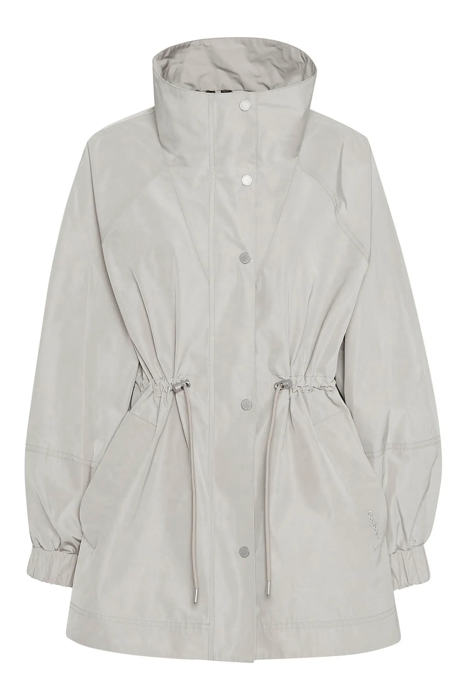 Barbour Suri showerproof jacket in light sand with a high collar, drawstring waist, front pockets, and snap closure