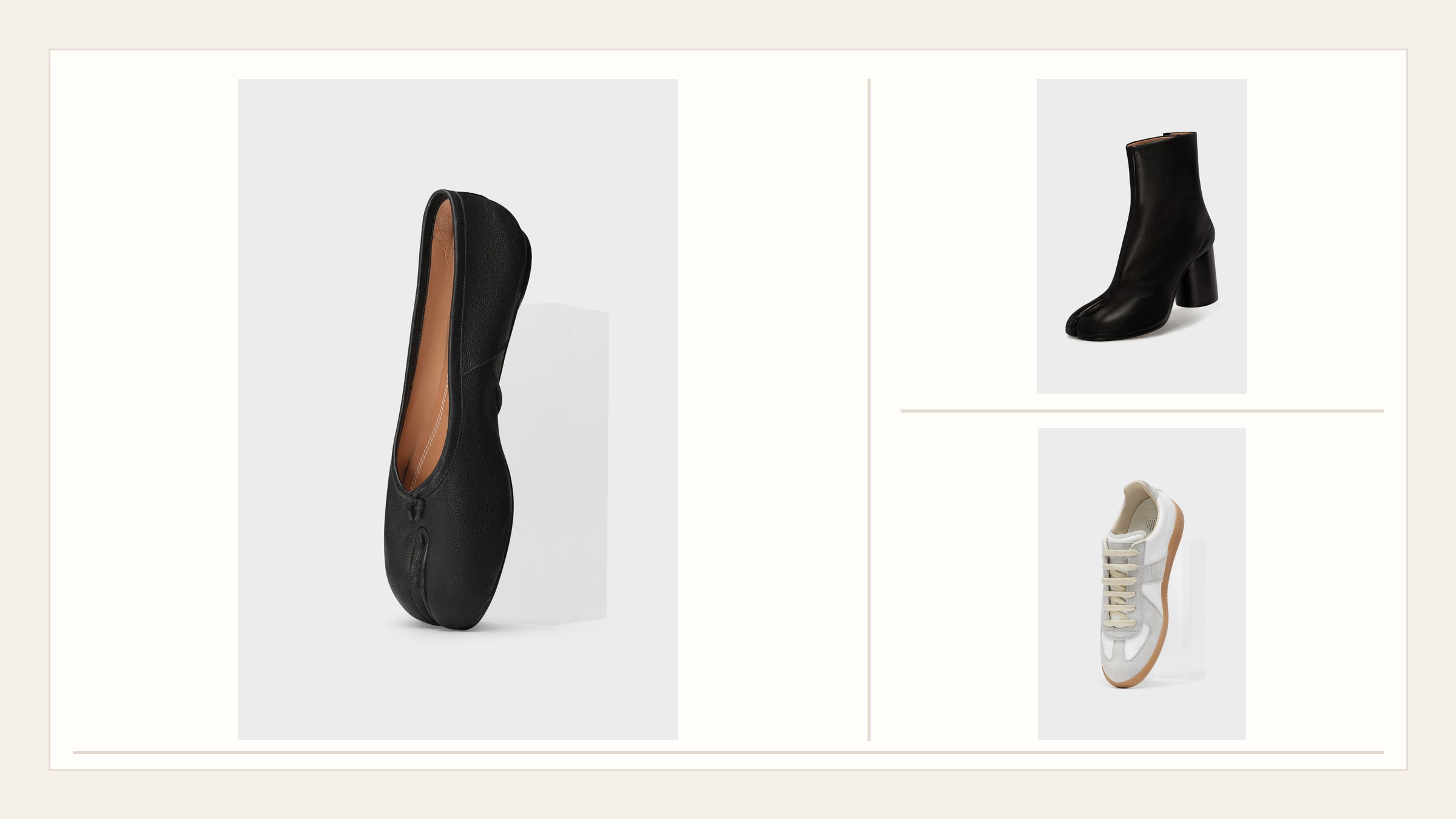 Maison Margiela Tabi review collage with the black Tabi Ballet Flat, black Tabi Boot, and white Replica Sneaker from official product imagery