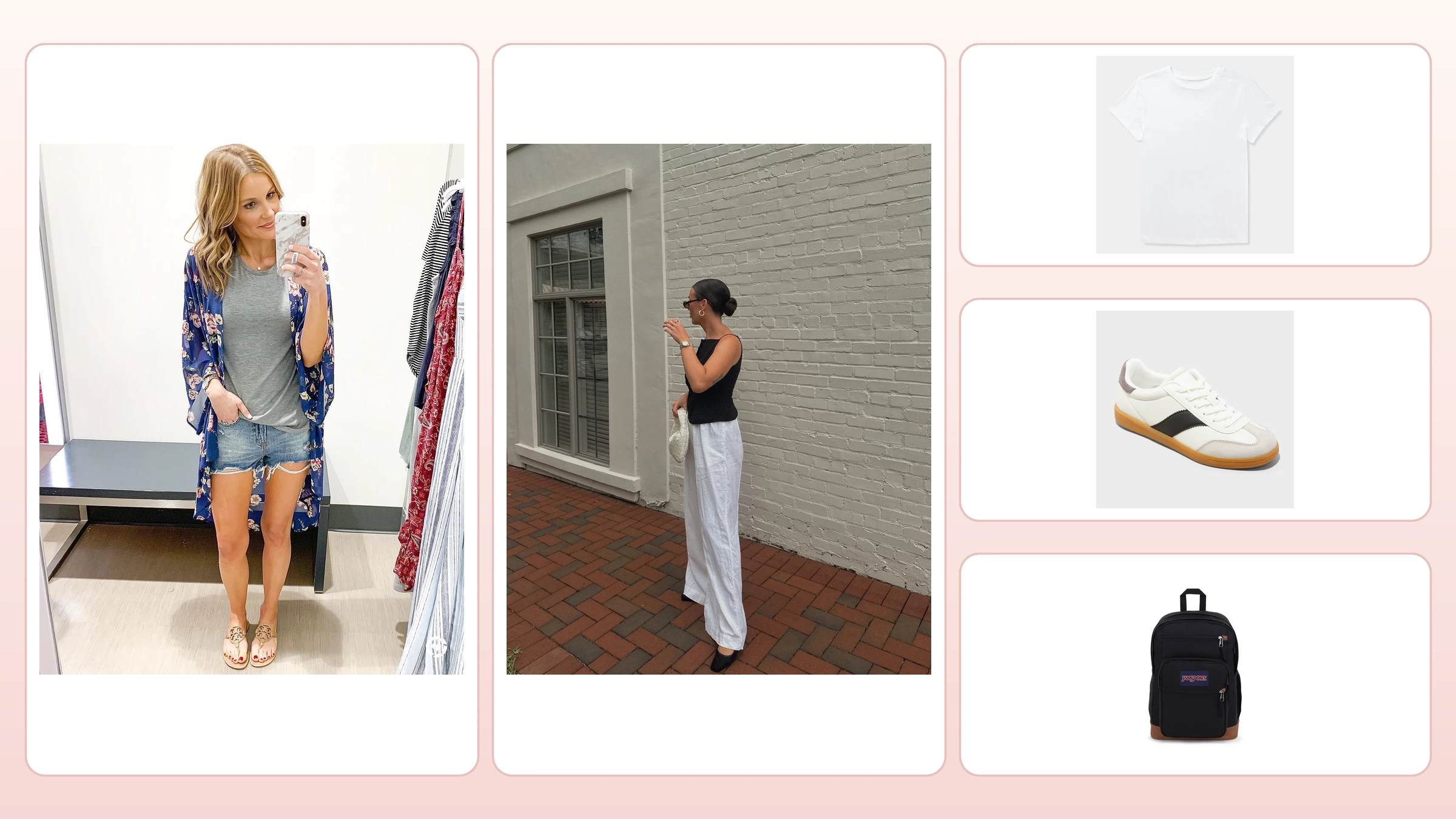 Two personal creators in complete Target-related outfits beside a T-shirt sneaker and backpack
