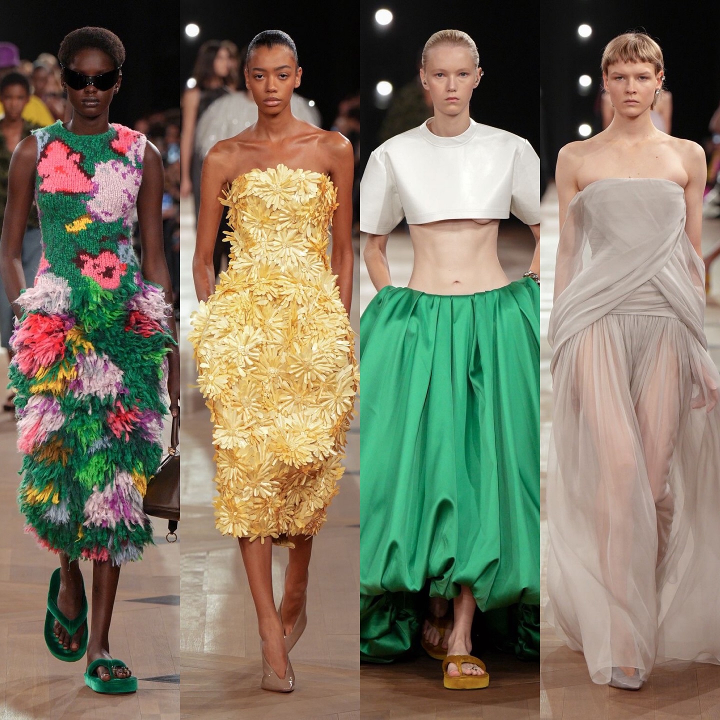 Four complete Balenciaga Spring 2026 runway looks in floral, yellow, green, and grey