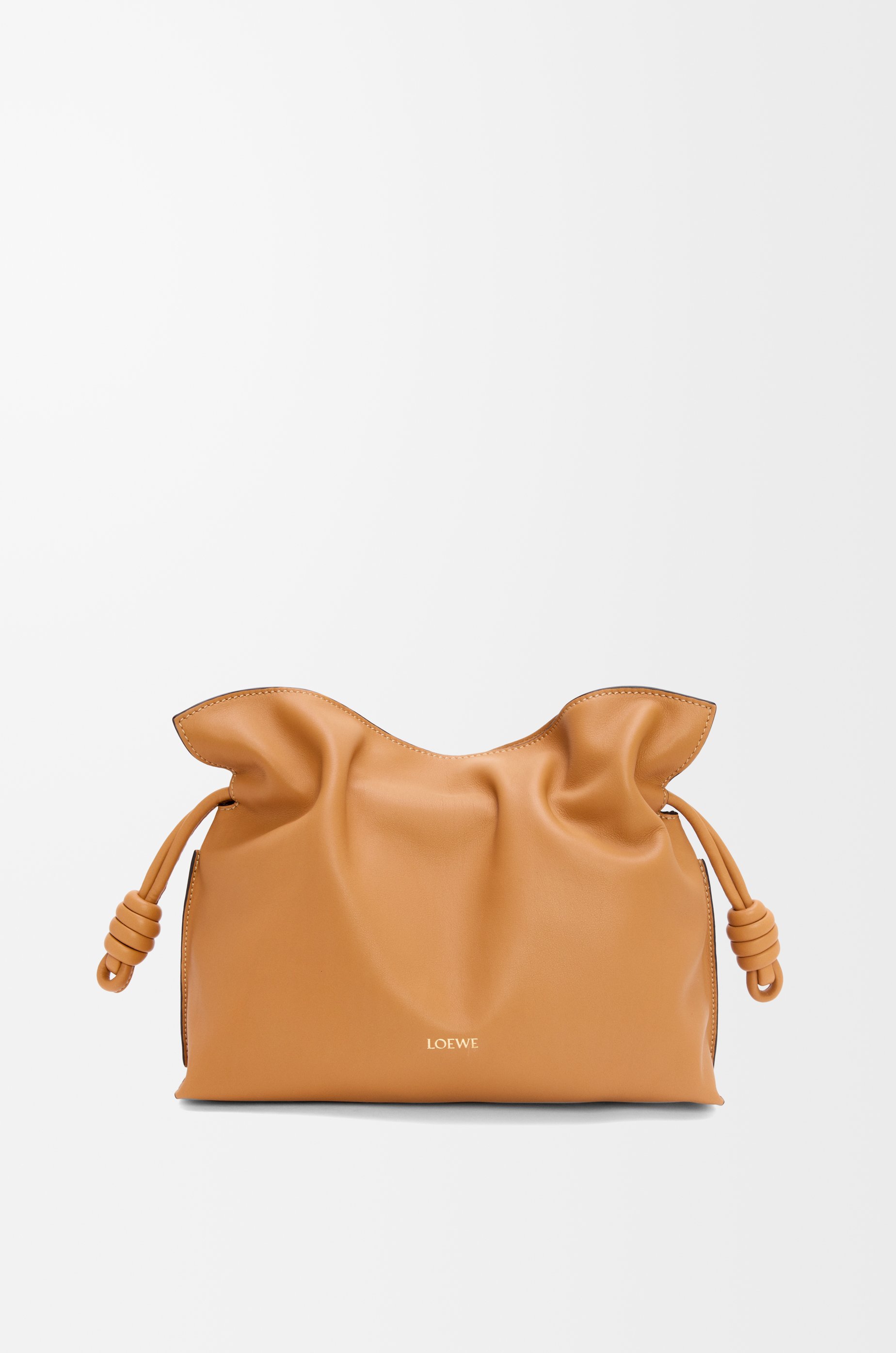 Loewe Medium Flamenco clutch in tan nappa calfskin, front view with gathered drawstring sides visible
