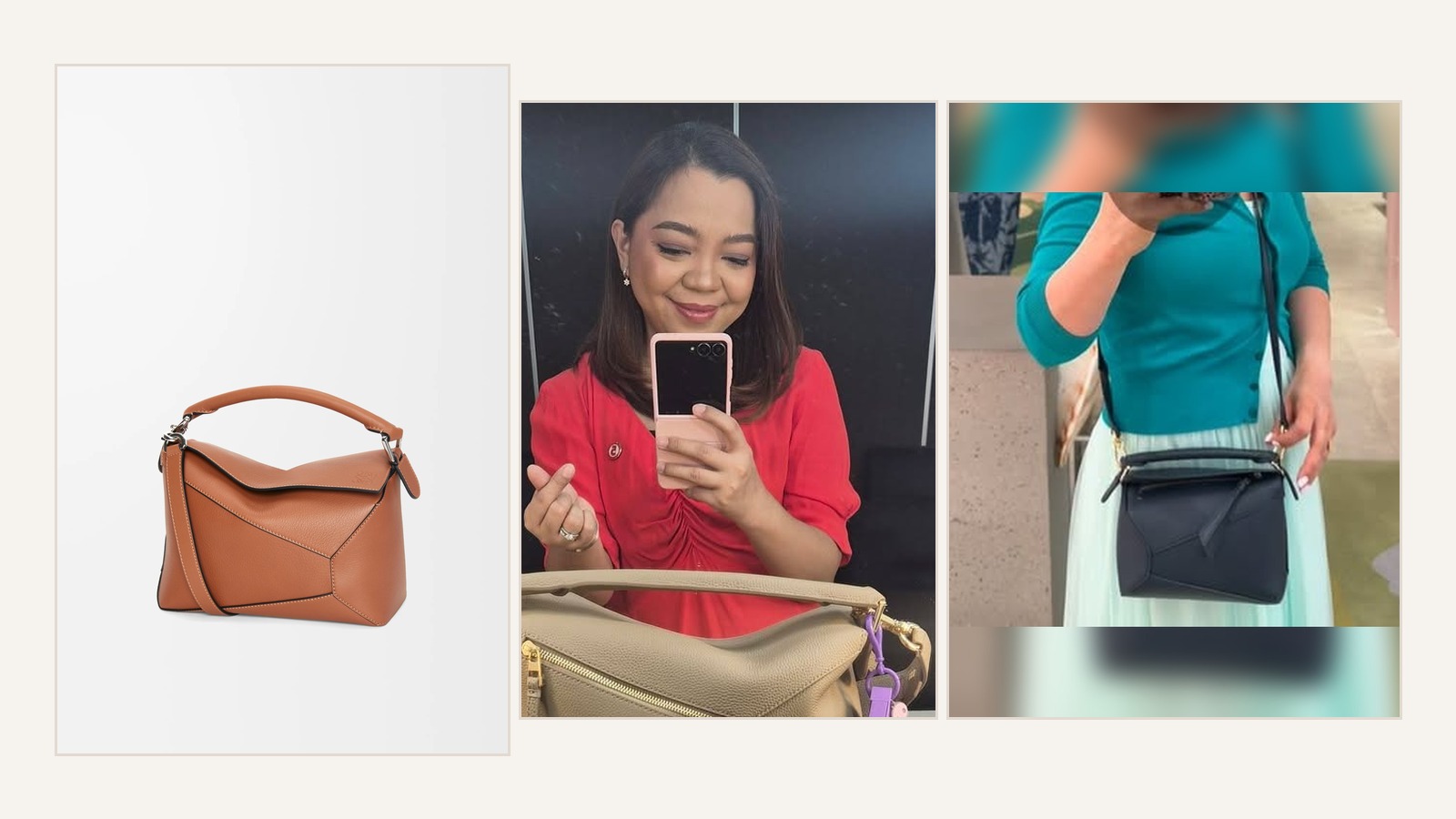 Loewe bag size guide collage with official Small Puzzle Edge product image and real-life Loewe Puzzle styling references.