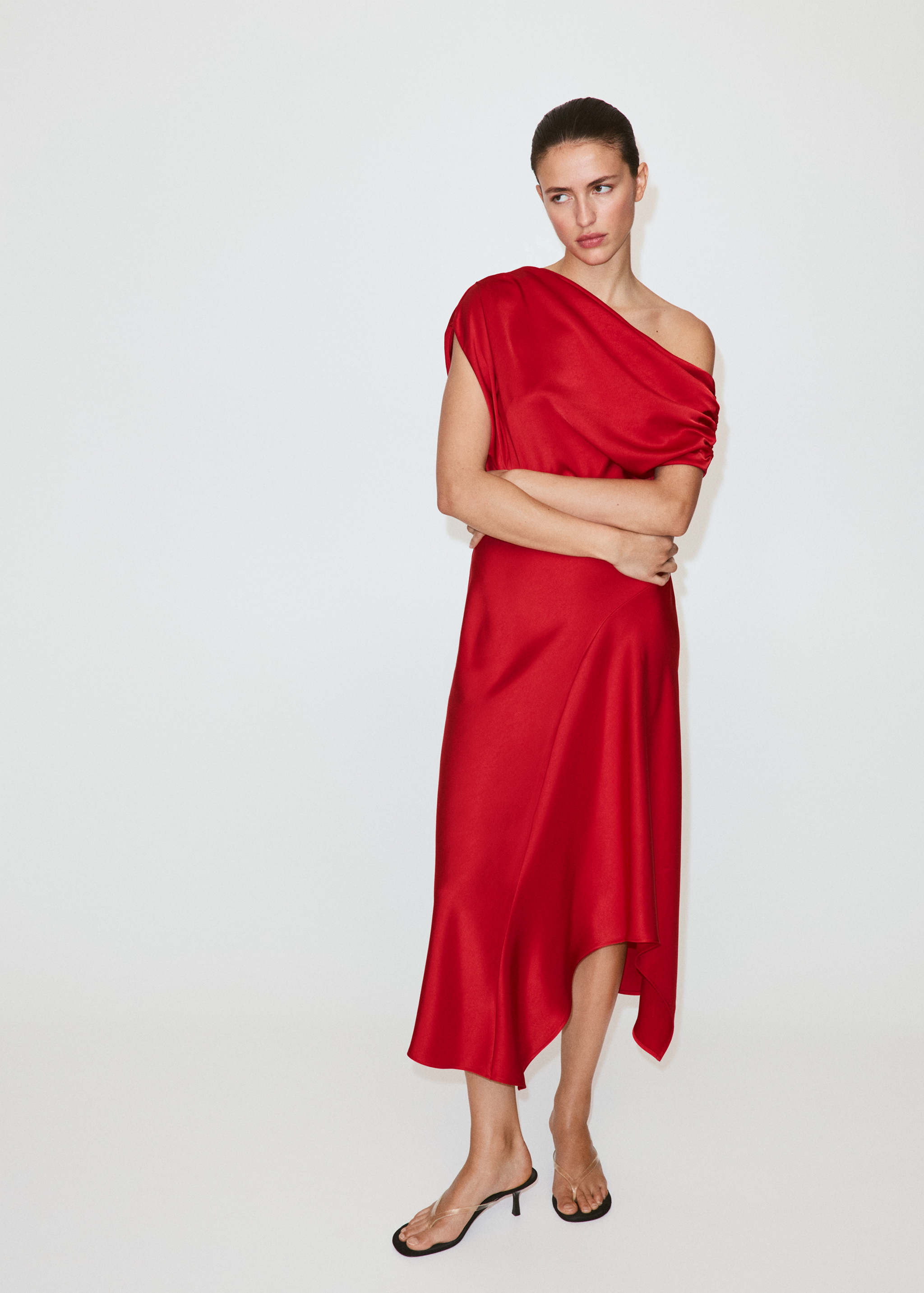 Mango Asymmetrical Satin Dress in red