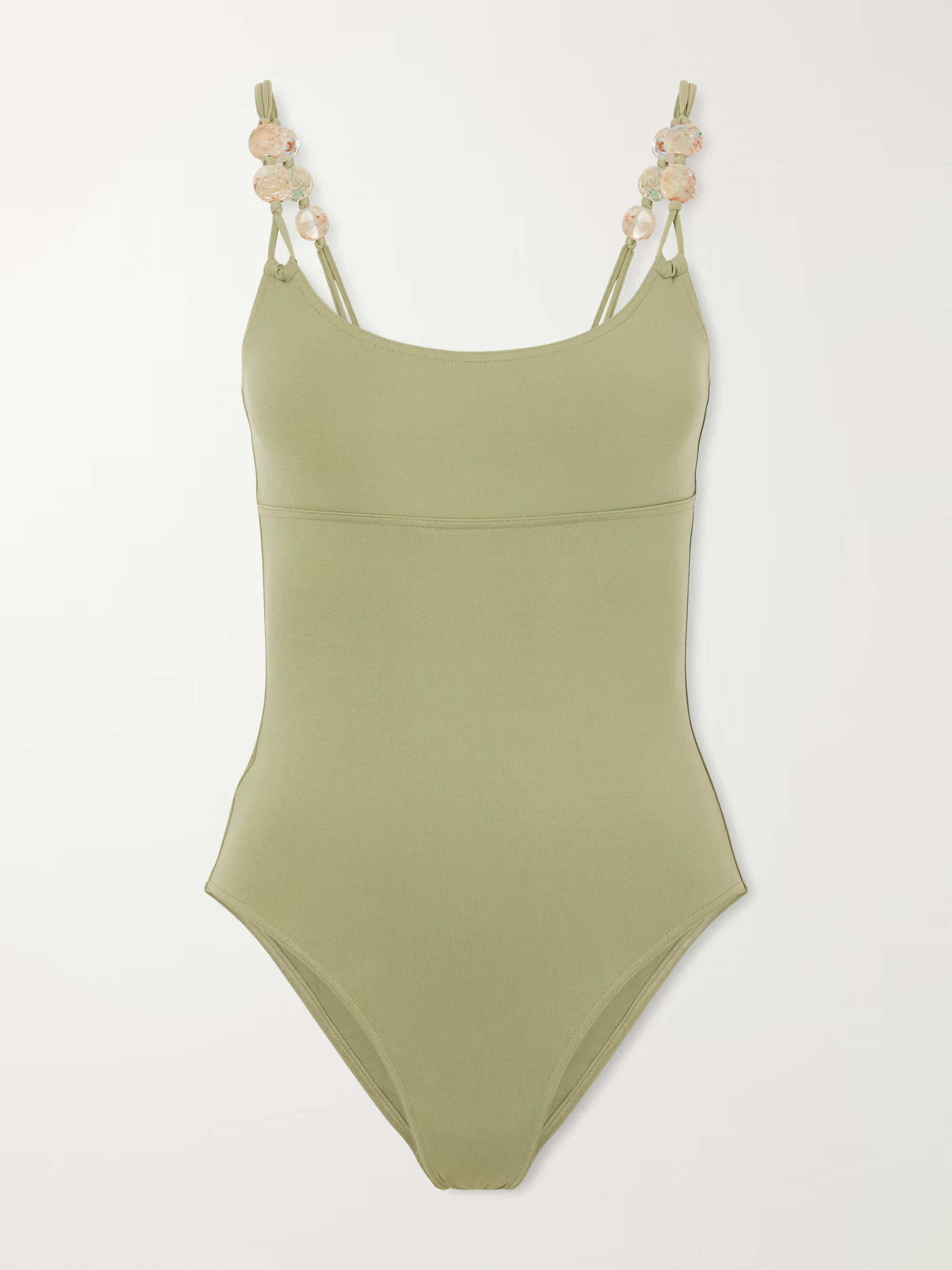 A pale green one-piece swimsuit with bead embellishment at the shoulder