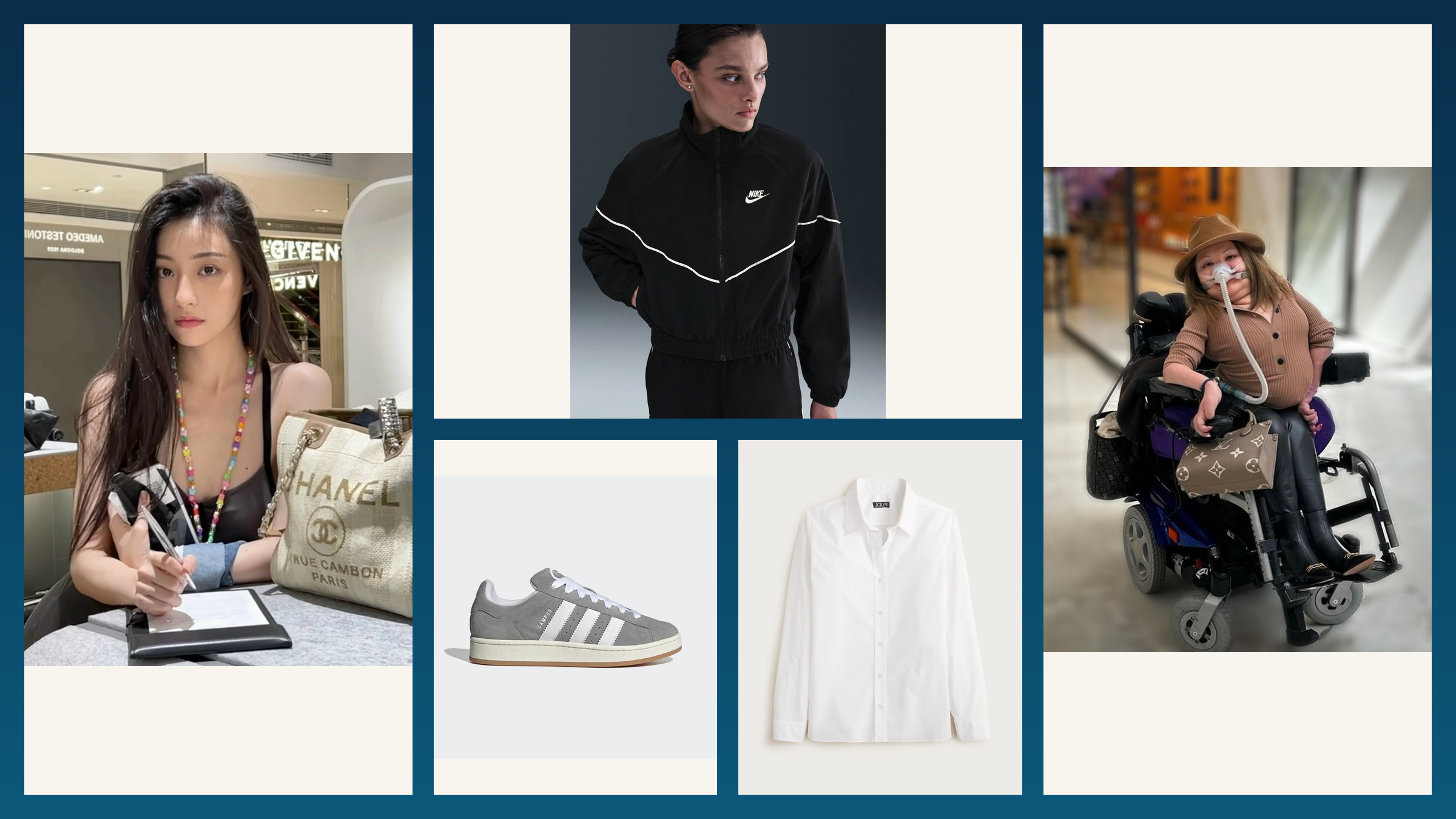 Two personal shopping scenes with a black Nike jacket gray Adidas sneaker and white J.Crew shirt