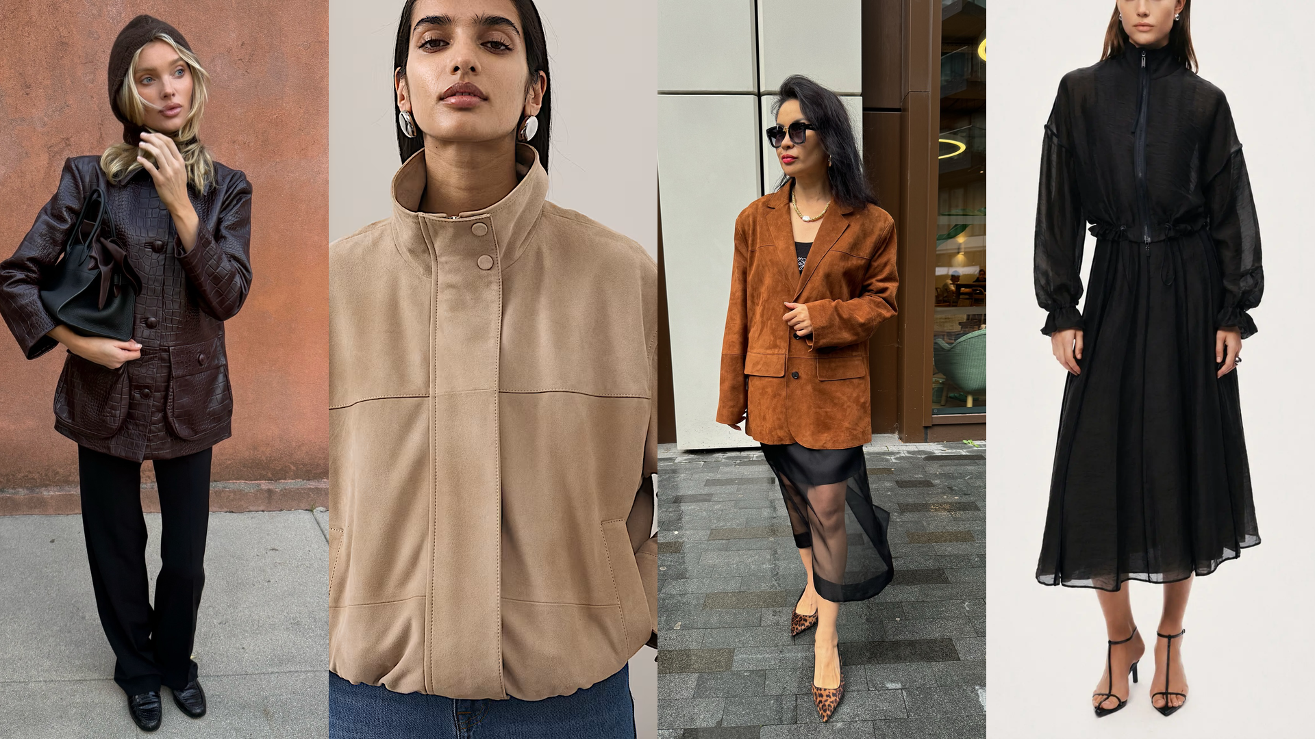 Suede jackets and sheer skirt outfit collage