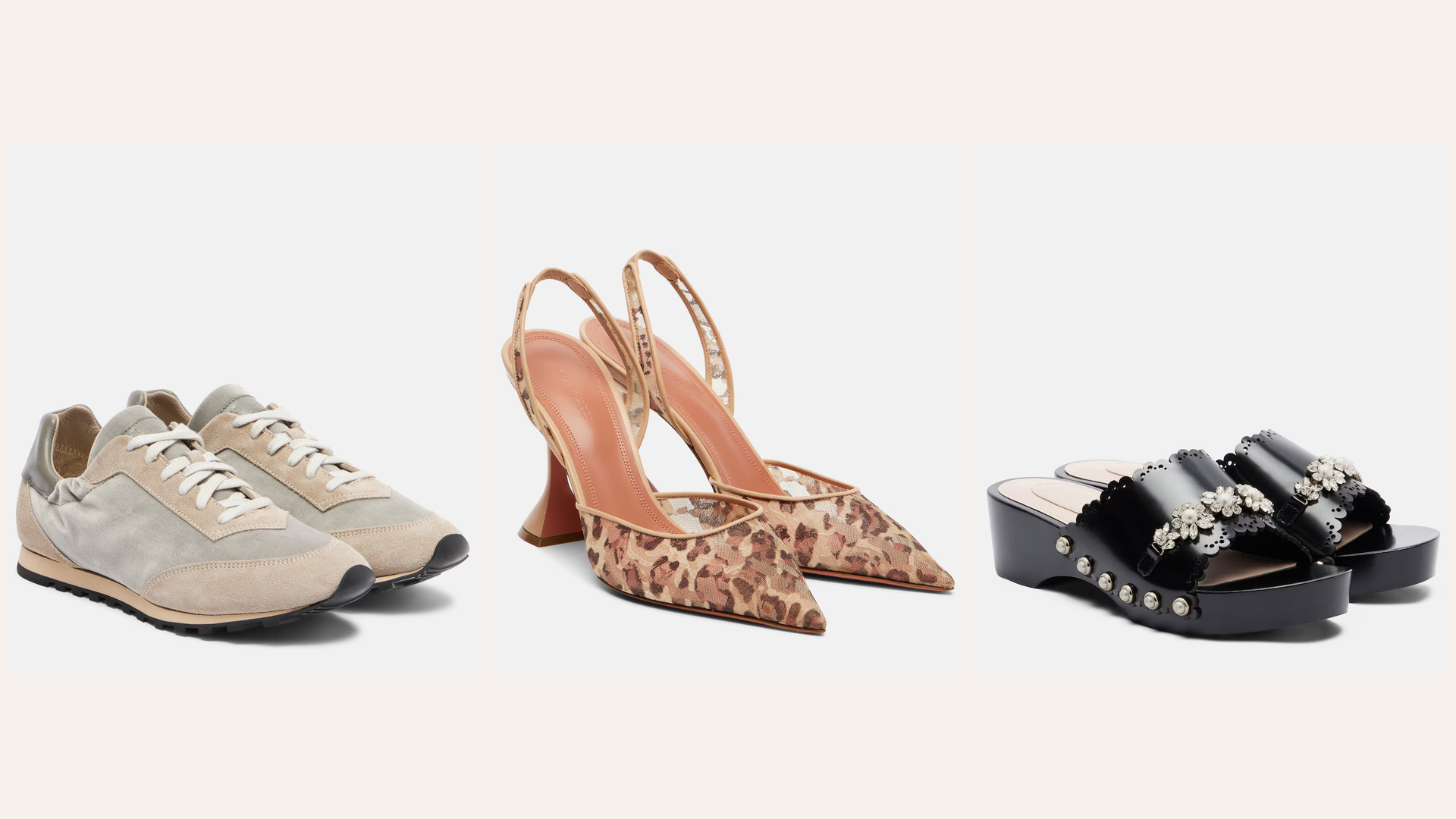 Grey sneakers, leopard slingback pumps and black embellished clogs arranged side by side