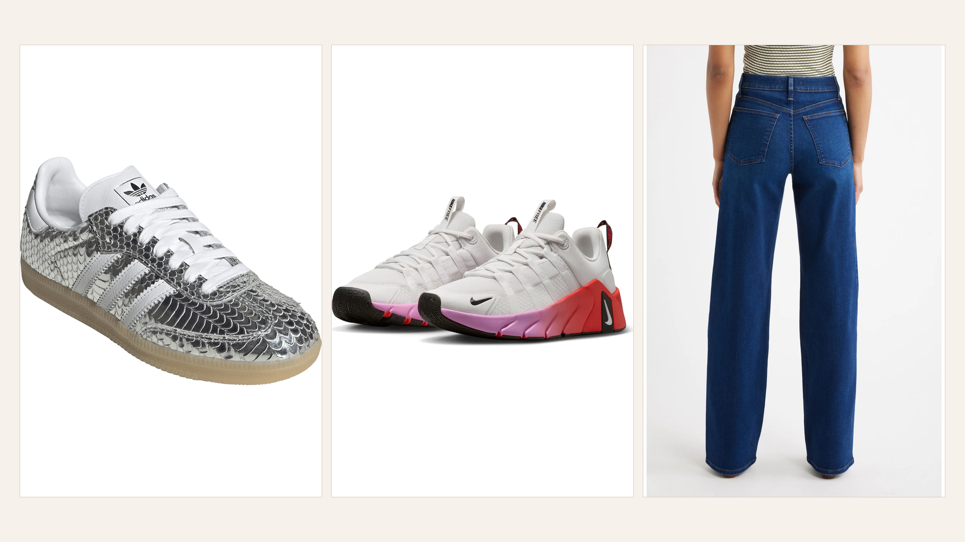 Adidas Samba sneaker, Nike Free Metcon training shoes, and Madewell wide-leg jeans