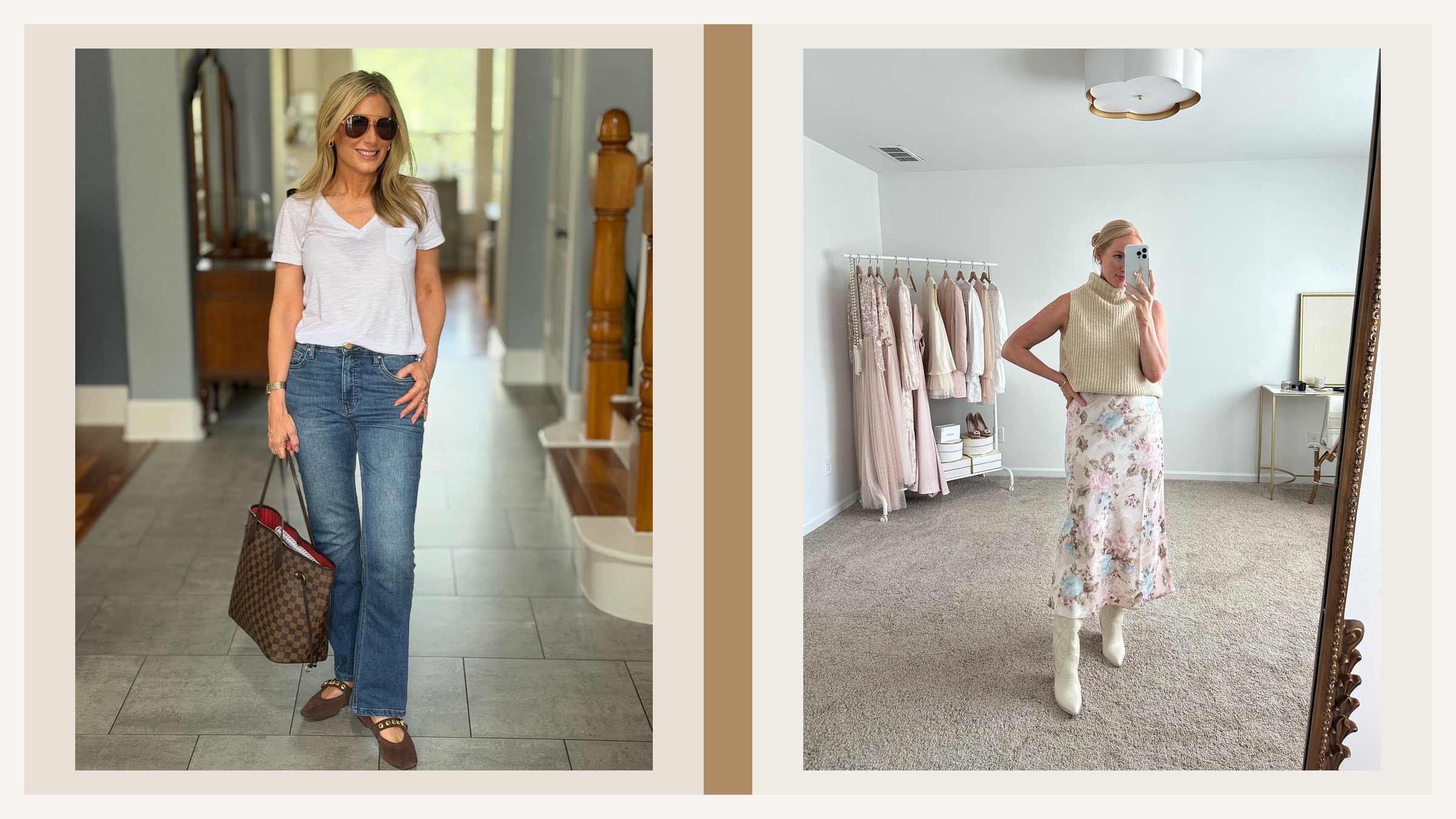 Two personal Nordstrom Anniversary Sale outfits shown side by side, one with a white tee and jeans and one with a knit top, floral skirt, and white boots