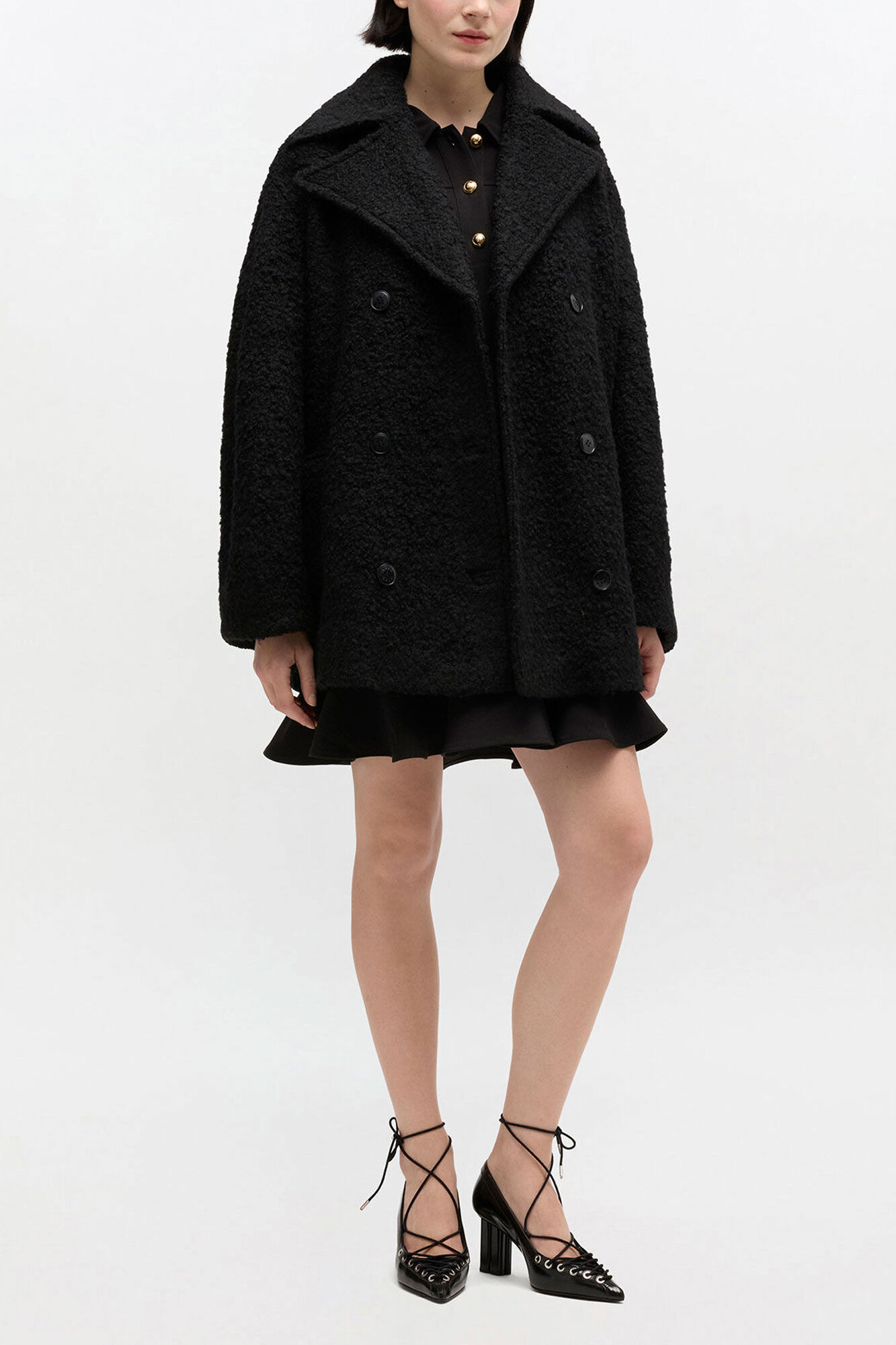 Ganni Black Boucle Midi Coat front view on model