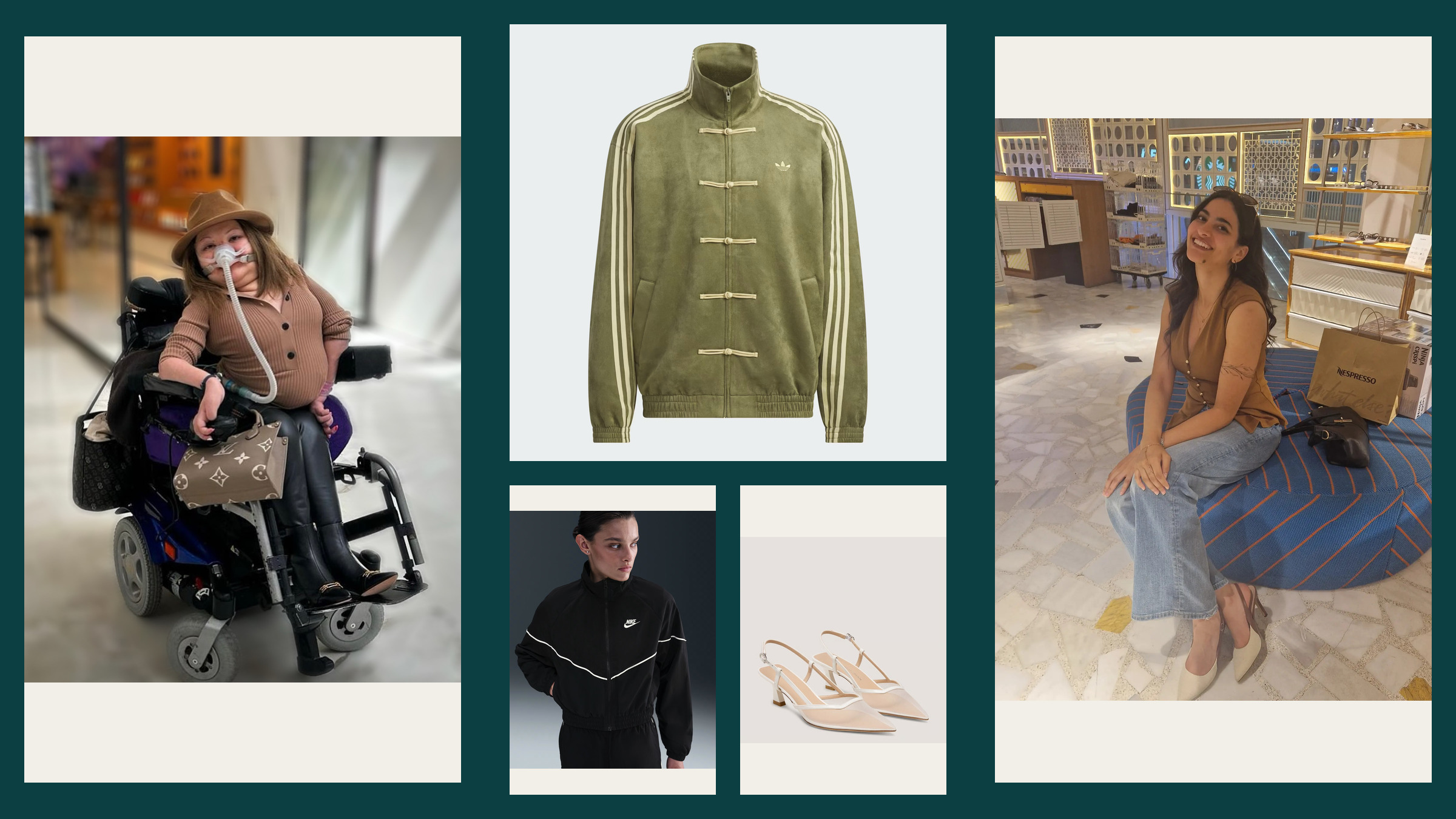 Two personal shoppers and three complete fashion products in a cash-back stacking research collage