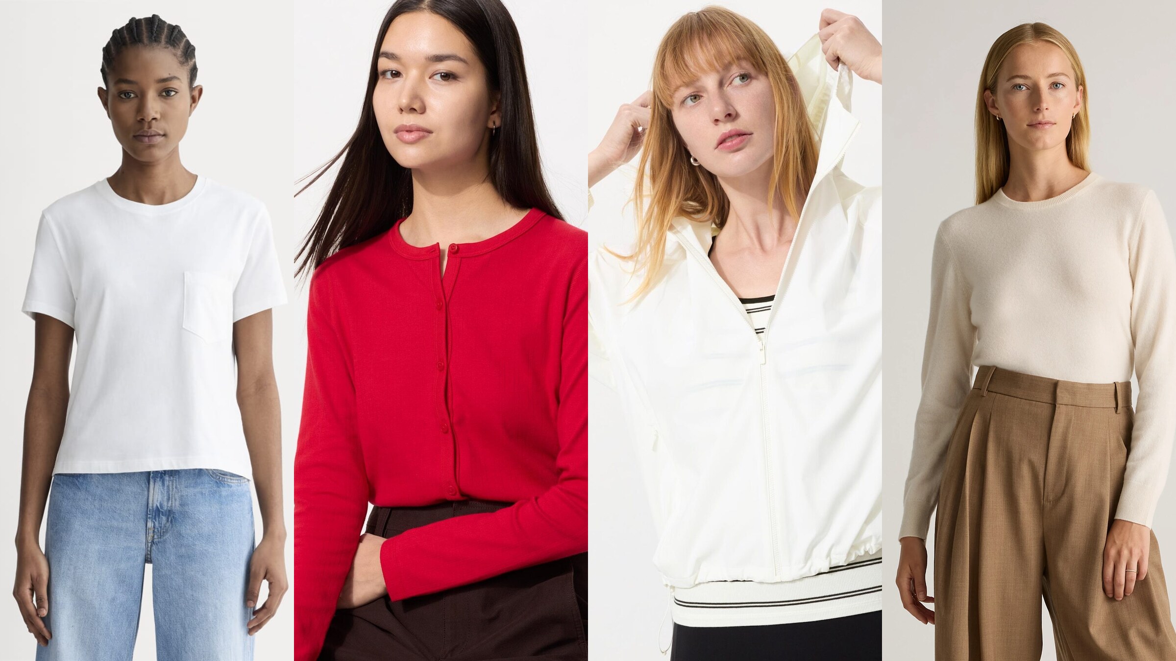 Everlane, Uniqlo, and Quince layering pieces for 60-degree weather