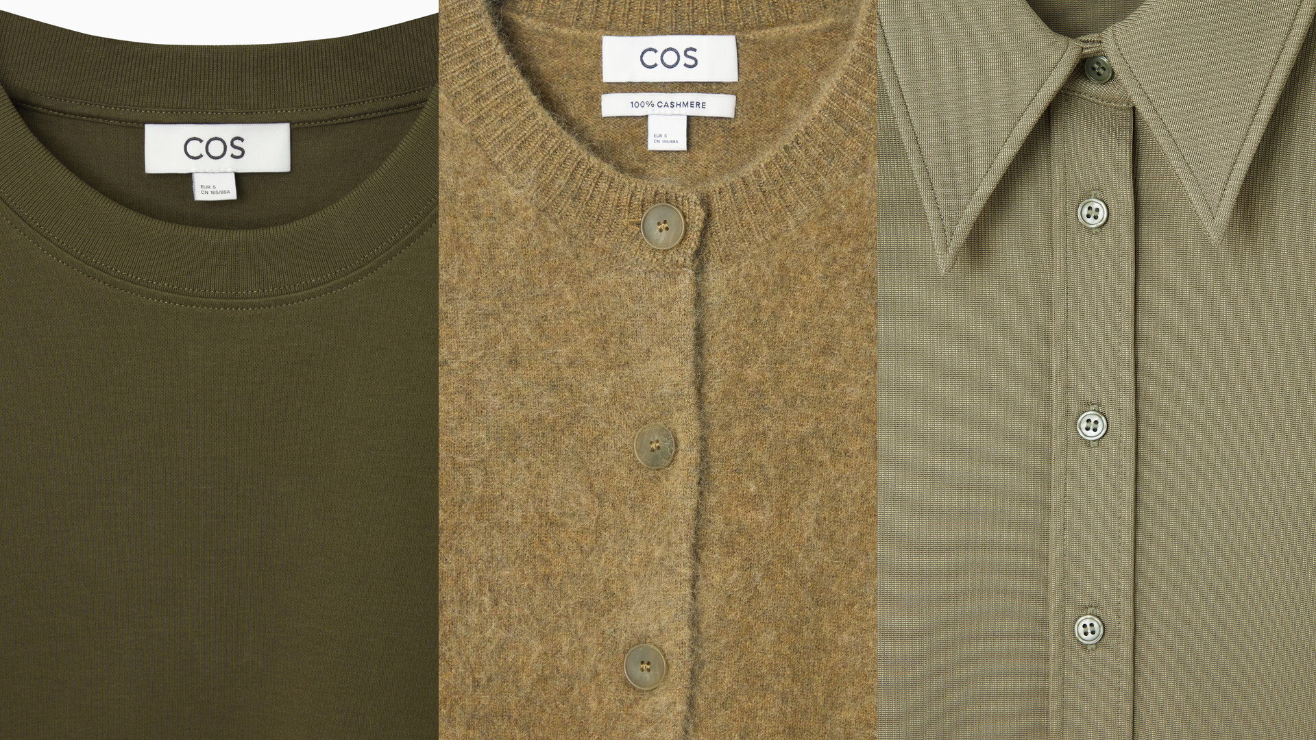 Three olive COS garments showing cotton, brushed cashmere, and smooth jersey textures