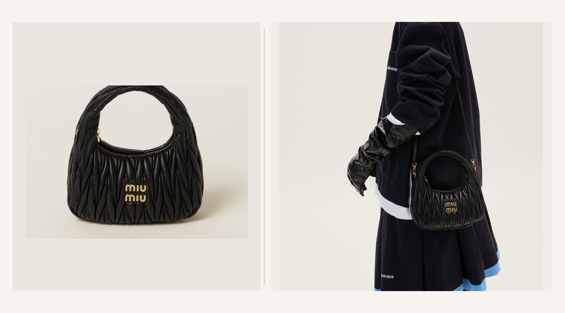Miu Miu Wander black matelasse nappa leather hobo bag shown front-on and worn with the long shoulder strap.