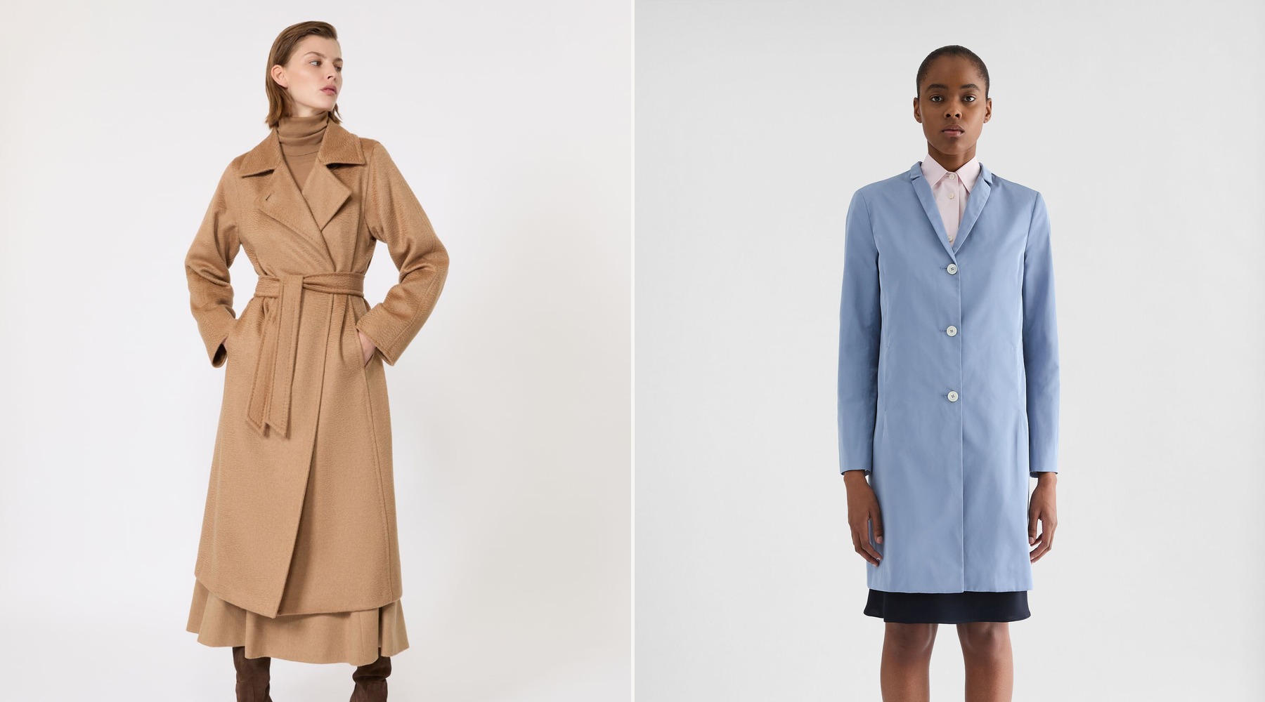Left: Max Mara Manuela Icon Coat in tan on a model, belted wrap shape visible. Right: Jil Sander Radzimir Coat in pale blue on a model, straight technical line visible.